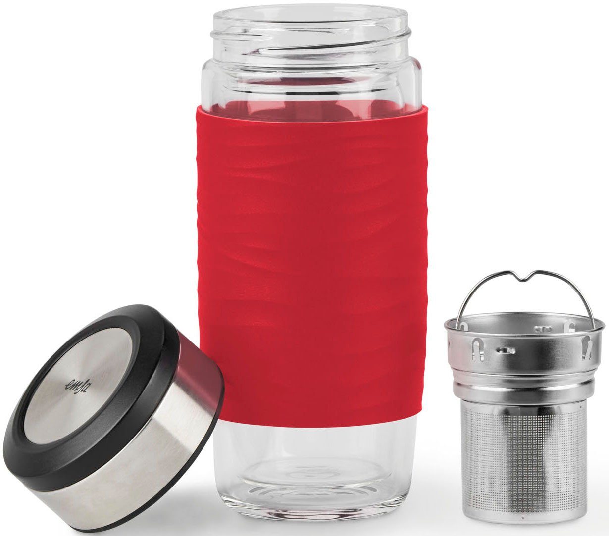 Emsa Thermobecher Tea Mug, Edelstahl, 3-teilig, Glas, herausnehmbarem ml, Tee-Sieb rot/edelstahlfarben/transparent 100% 400 dicht, Teebecher, mit Silikon
