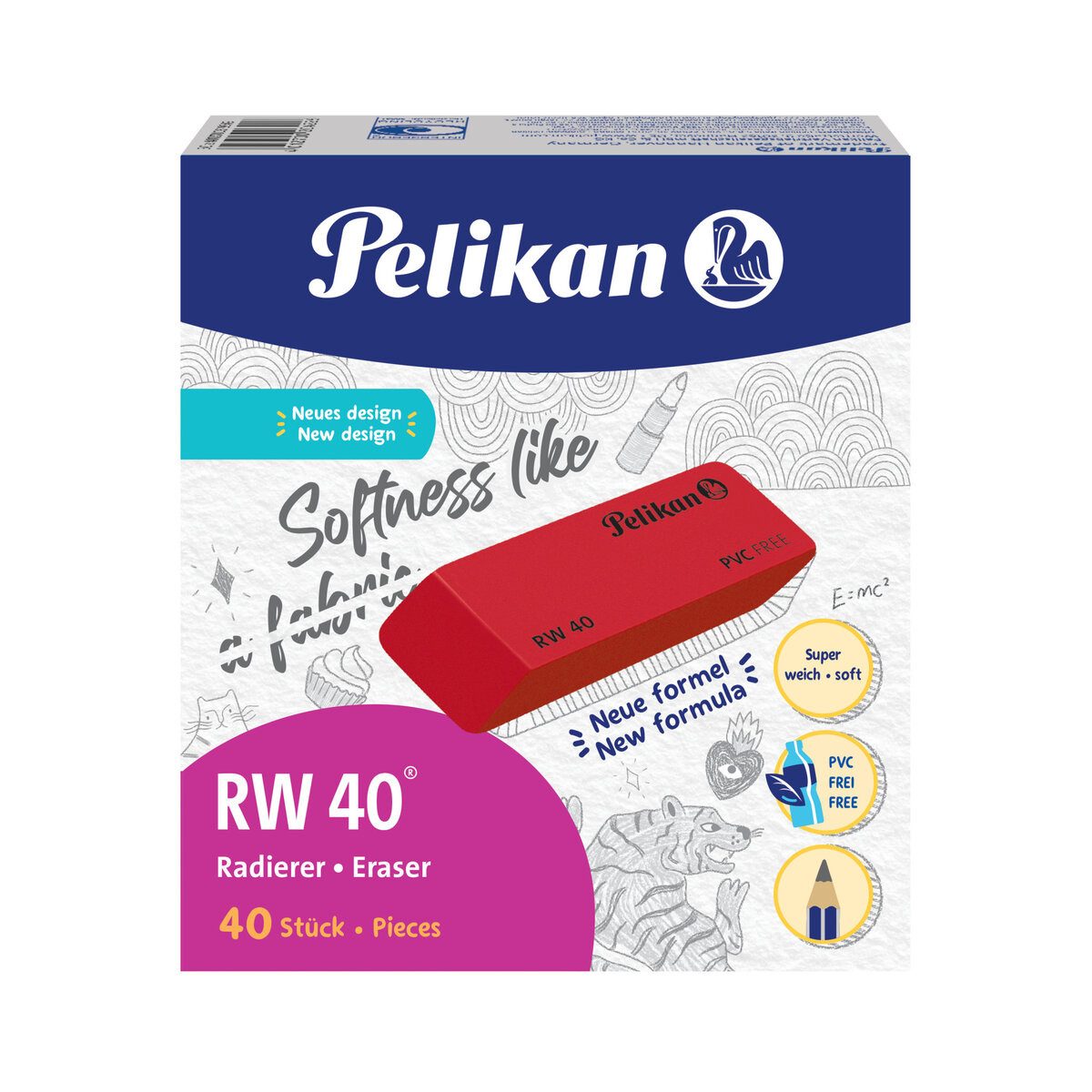 Pelikan Radiergummi Radierer RW 40 - 20 x 8 x 57 mm rot Kunststoff. Packung mit 40 Stück