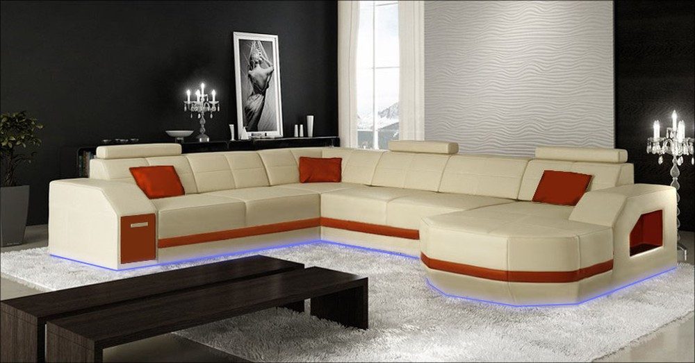 JVmoebel Ecksofa Moderne Ledergarnitur in Weiß mit USB-Anschluss und LED-Beleuchtung, Made in Europa