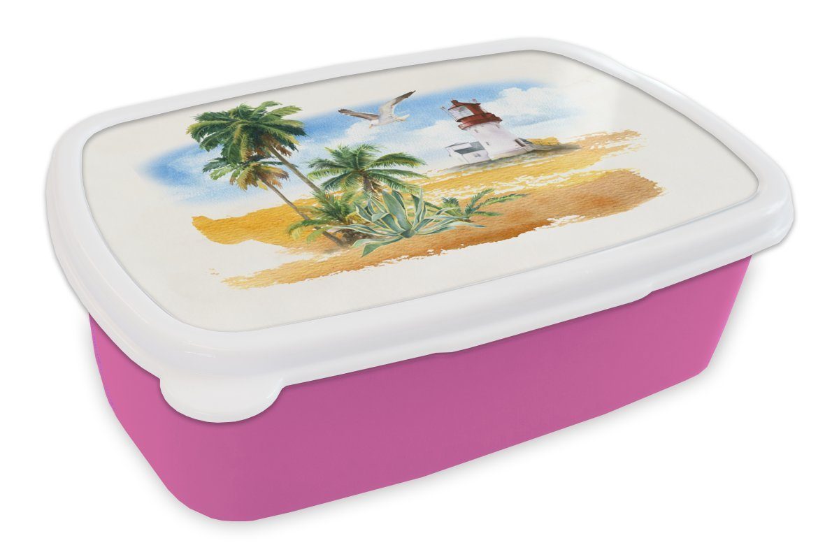 MuchoWow Lunchbox Leuchtturm - Palme - Strand, Kunststoff, (2-tlg), Brotbox für Erwachsene, Brotdose Kinder, Snackbox, Mädchen, Kunststoff rosa