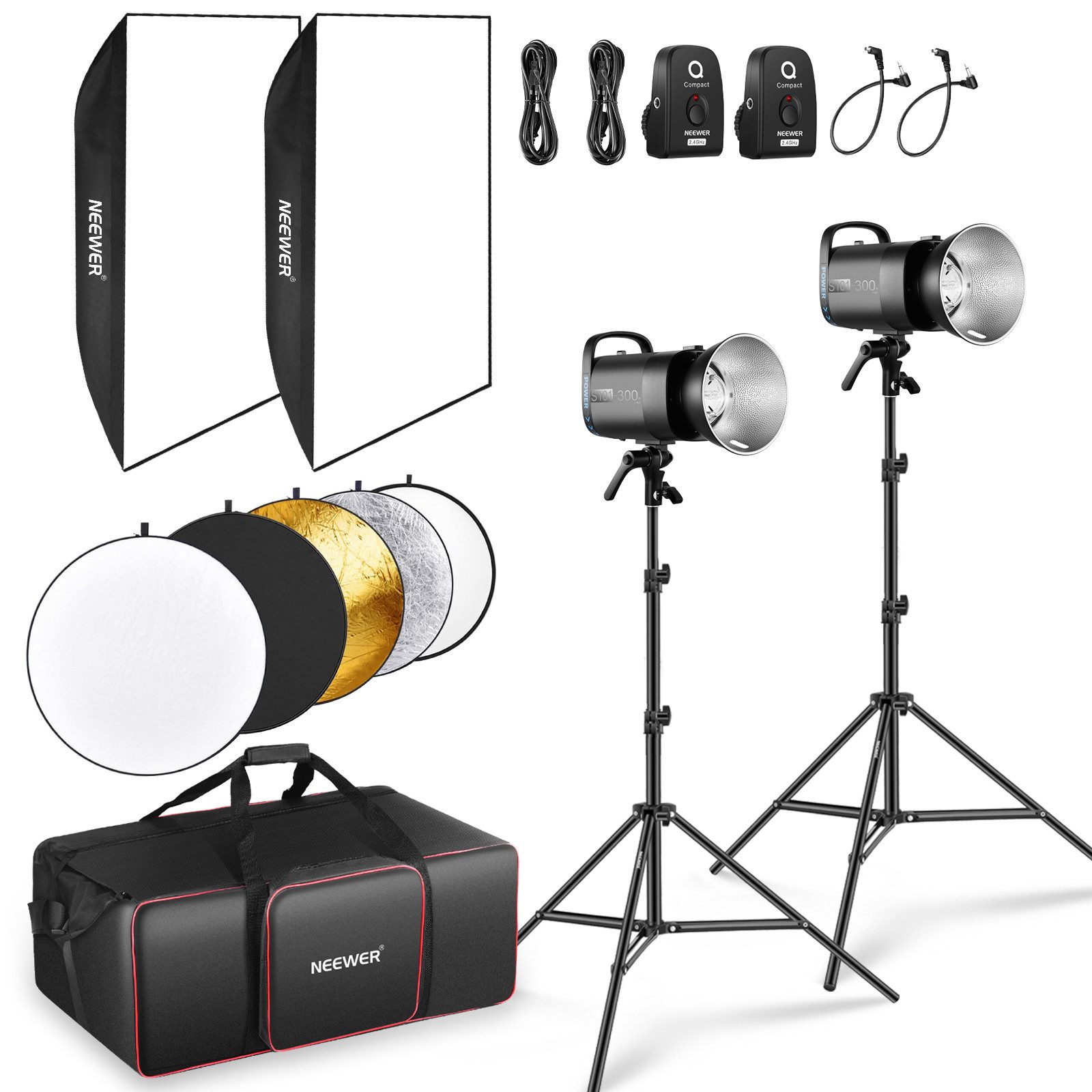 Neewer Studioleuchte S101-300W PRO 600Ws Studio Monolight Strobe Flash Set 2-Pack, 5600K Blitzlicht Studio Kit, mit 2,4G Auslöser Bowens Mount Softboxen
