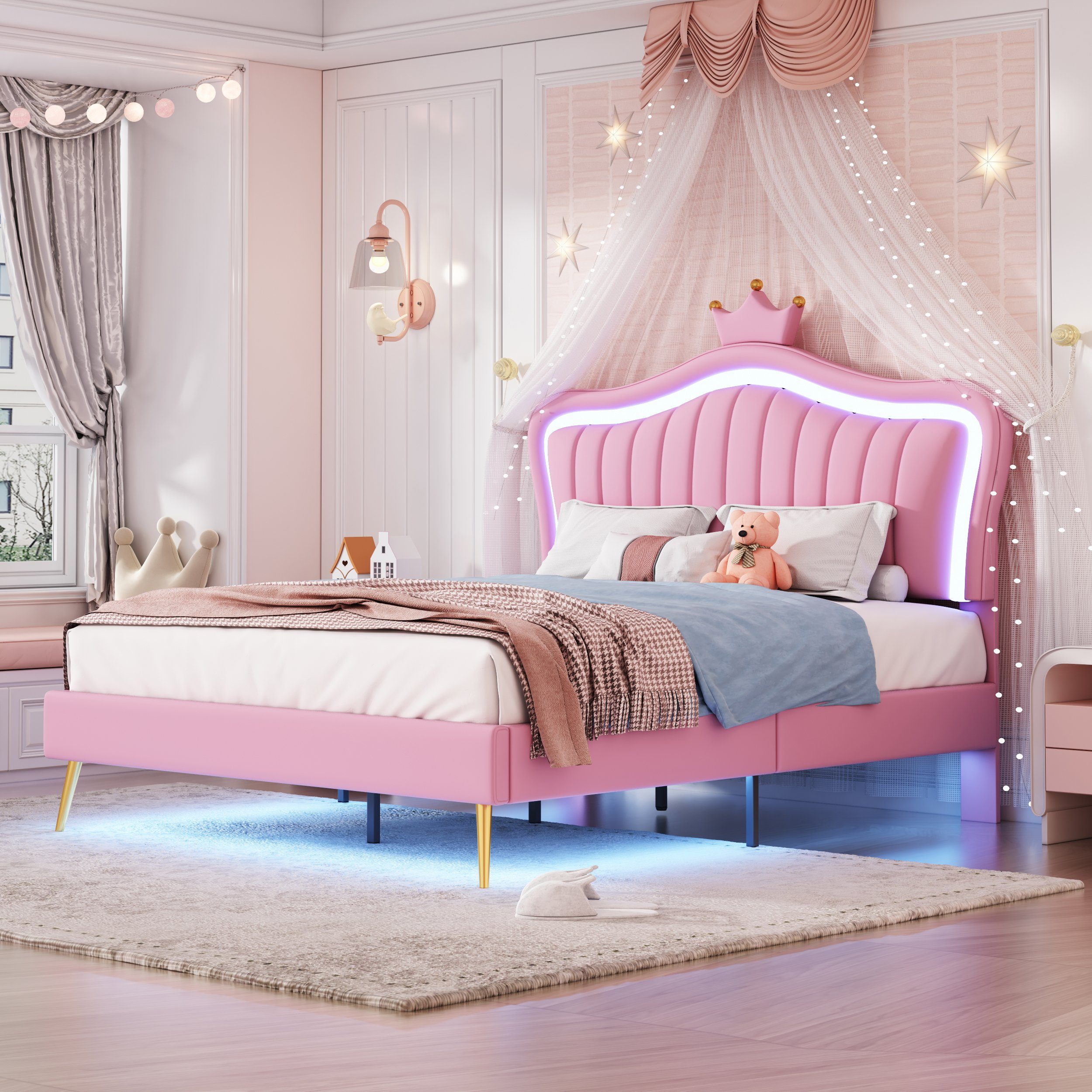 Polsterbett (Doppelbett mit LED Beleuchtung und Lattenrost), Krone Kinderbett für Mädchen, Kunstleder, 140x200cm