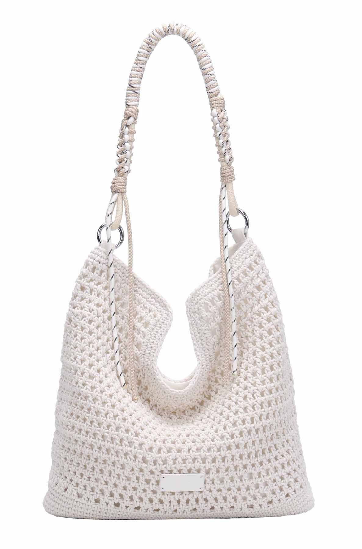 ITALYSHOP24 Schultertasche DAMEN TASCHE Hobo Shopper Häkeltasche Boho Geflecht Freizeit Urlaub, Sommer Basttasche Strand Reise Beuteltasche Stroh Handtasche Kordel