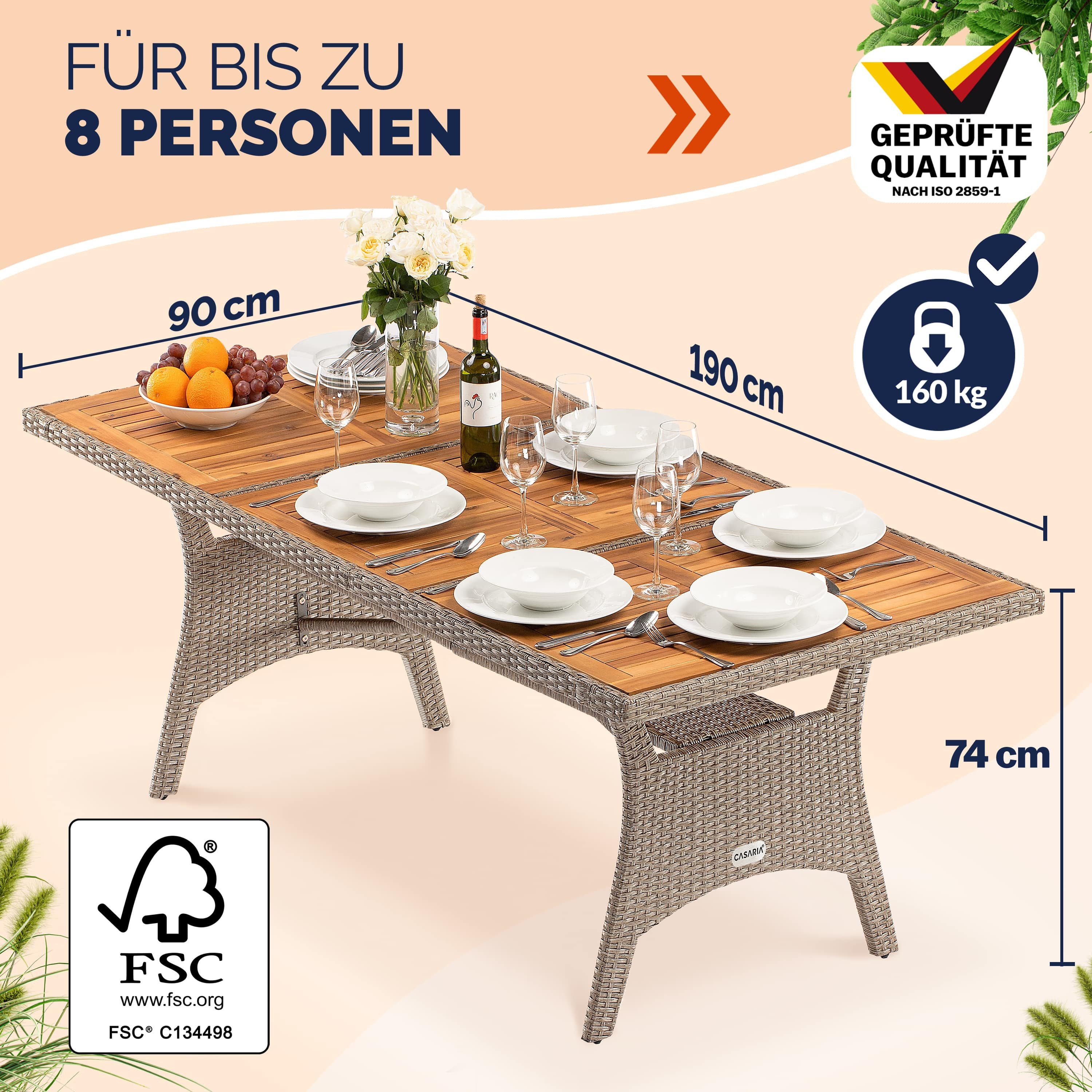 Casaria Gartentisch (1-St), Polyrattan mit Ablage FSC®- zertifiziertes Akazienholz 190x90cm