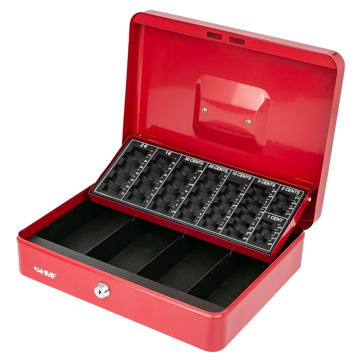 Abschließbare Geldkassette rot Geldbox und 30,5x24x8,5cm Bargeldkasse Schlüssel, mit HMF Münzzählbrett Scheinfach, robuste mit