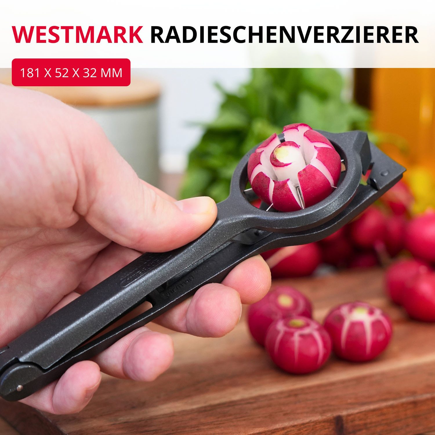 WESTMARK Gemüseschneider Radieschen Schneider Decoretto Black Edition – verzieren, griffige Haptik, Made in Germany, Buffet