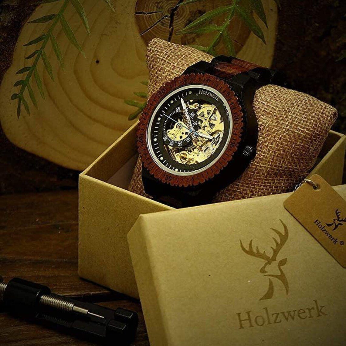 Holzwerk Automatikuhr DASSEL Armband Holz braun, Herren in offene Unruhe dunkel gold Uhr