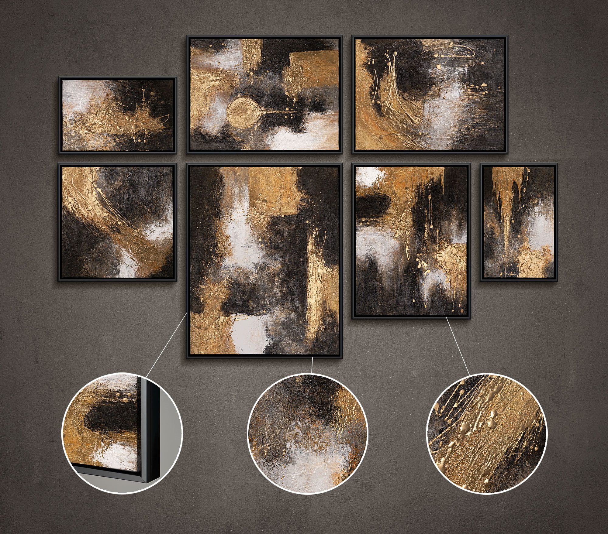 YS-Art Gemälde "Impuls", Abstrakte Kunst (Set, 7 St), Luxuriöses Wandbilder Set in Schwarz-Gold mit abstrakten Strukturen