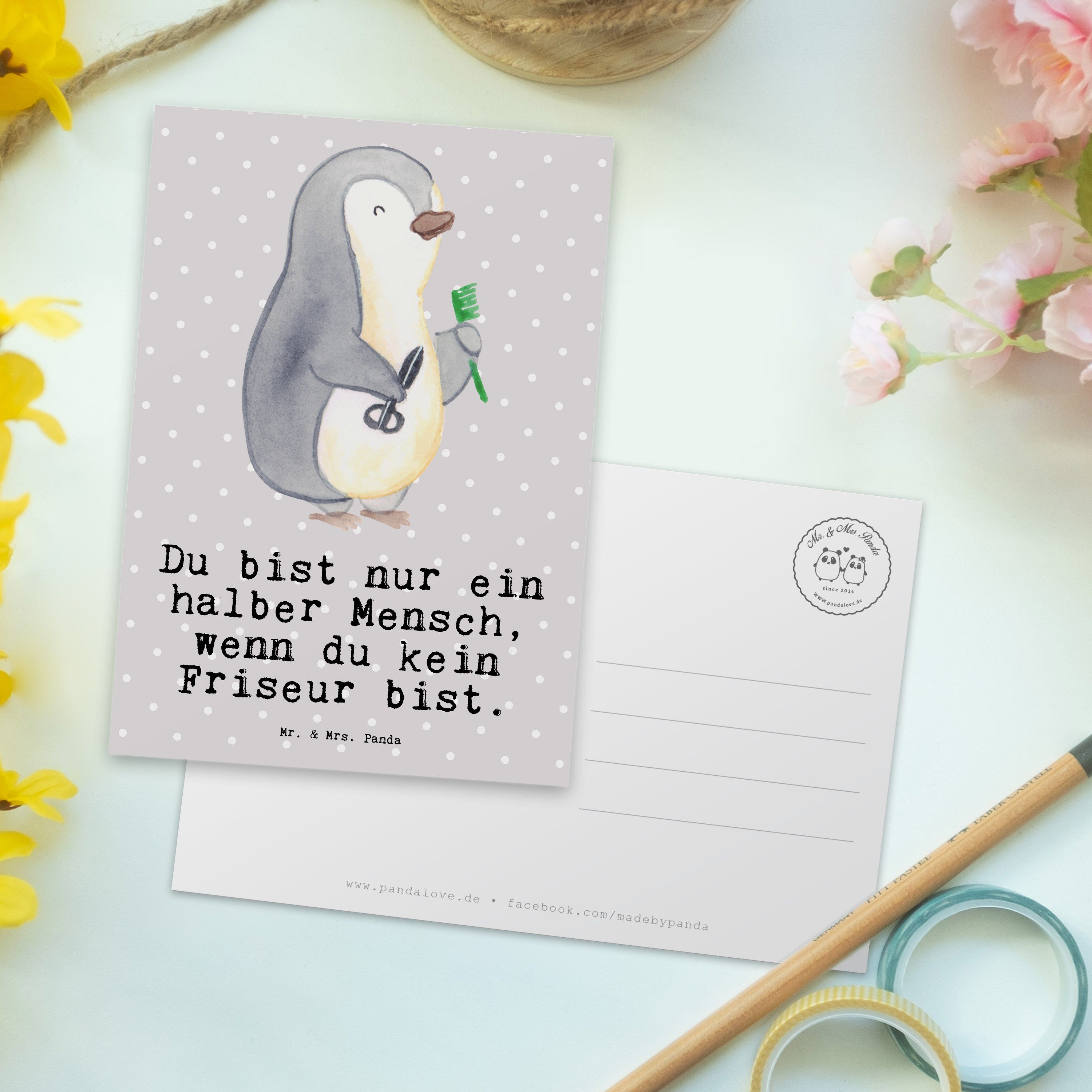 Grau Postkarte Frisörbesuch, Mr. Panda Friseur Mrs. - - Geschenk, & Coiffeur, mit G Herz Pastell