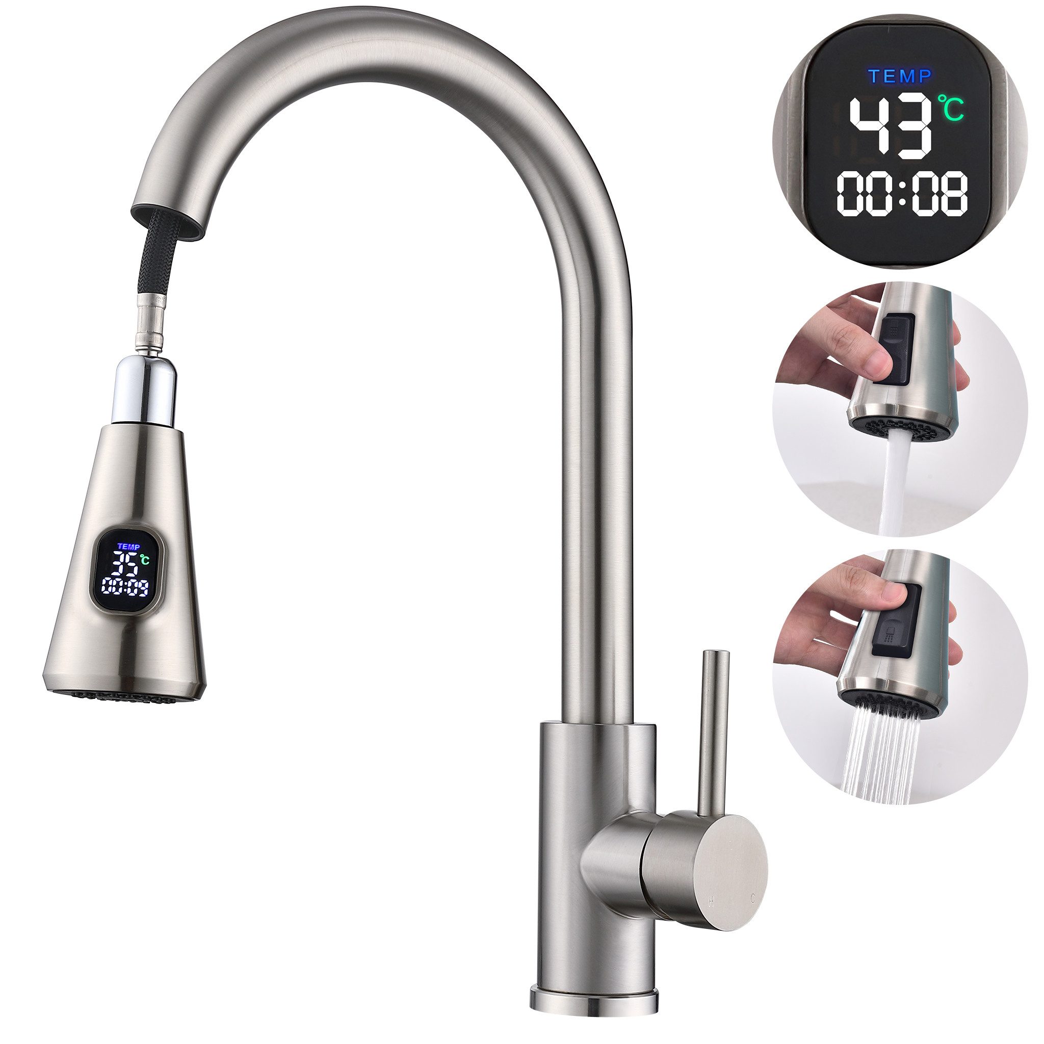 HOMELIVE Spültischarmatur mit brause ausziehbar 360° Küchenarmatur LED Digitalanzeige Hochdruck Wasserhahn Küche, Zweifunktionaler Wasserauslass,Gebürstet