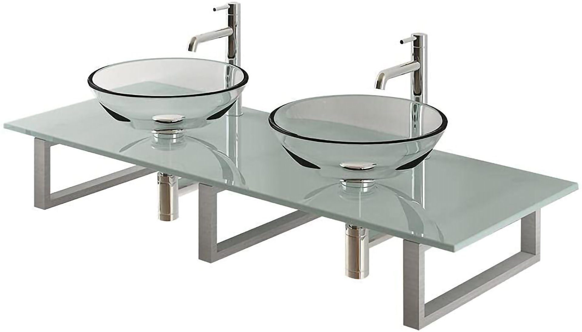 Alpenberger Doppelwaschbecken - Glas Doppelwaschtisch Hängewaschbecken zur Wandmontage (10-tlg., Runde Waschbecken), 2 Aufsetzbare Glas Schalen, Waschtischplatte aus ESG Milchglas