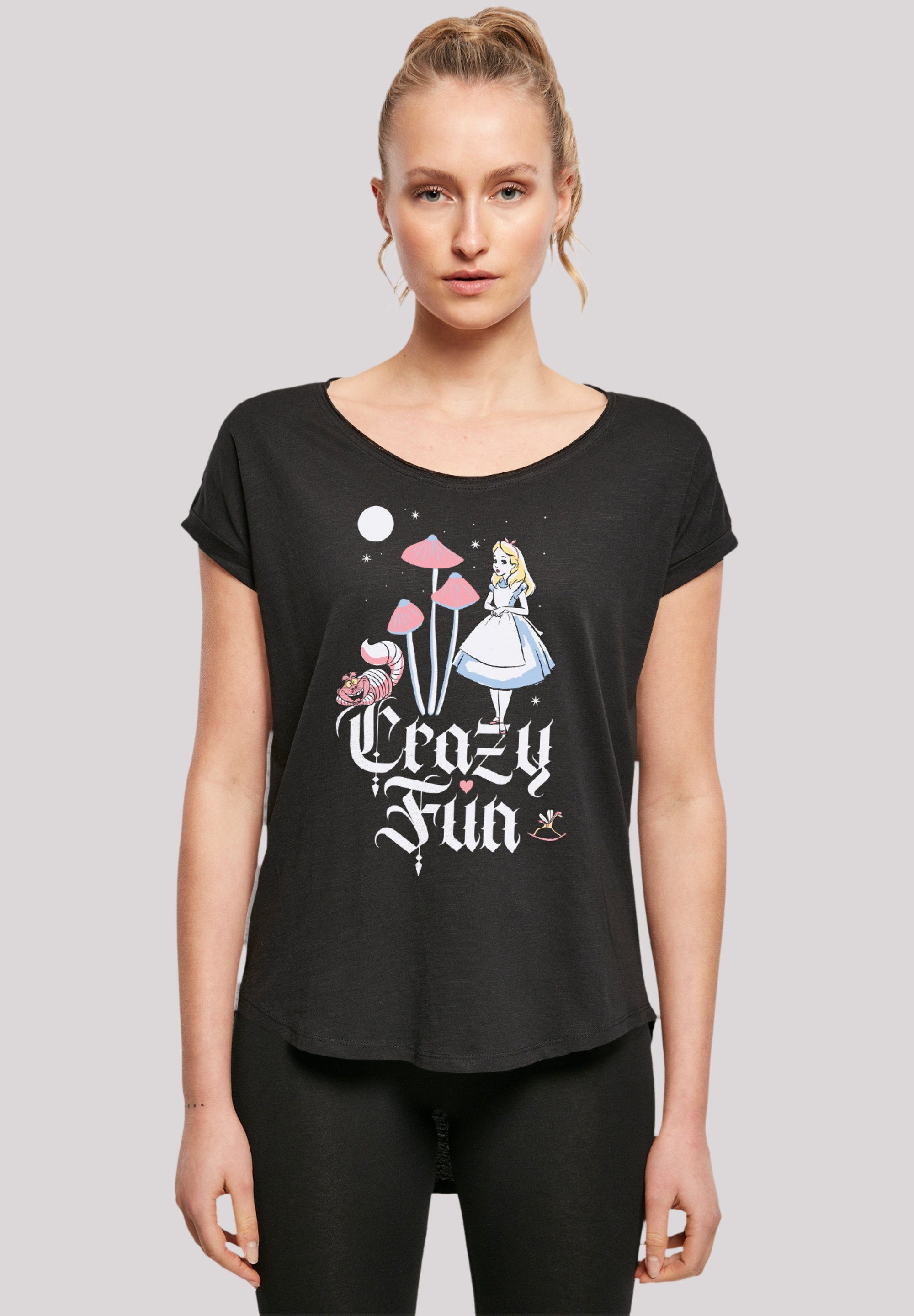Wunderland T-Shirt Alice geschnittenes Crazy extra T-Shirt im Hinten Damen lang Fun Premium F4NT4STIC Disney Qualität,