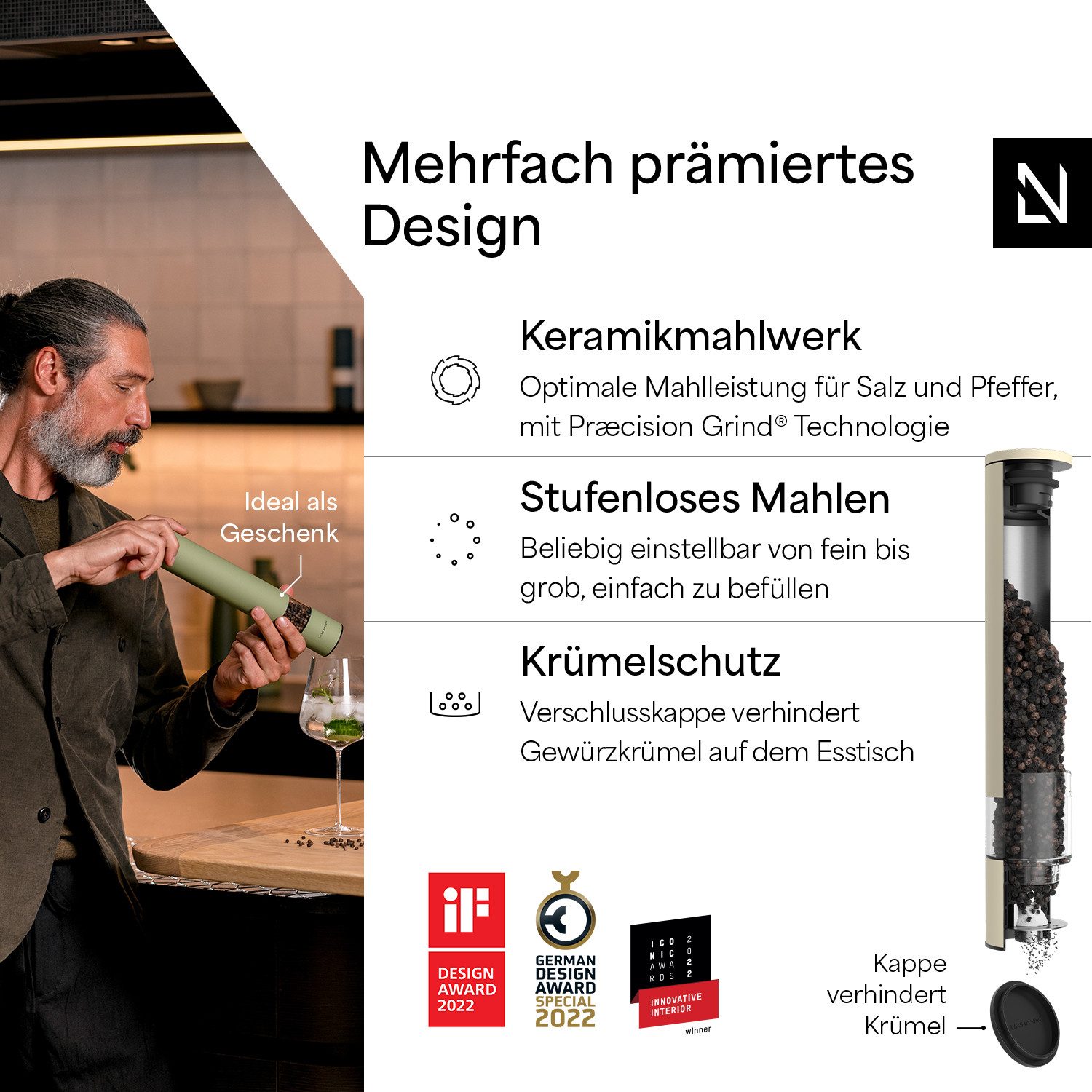 LARS NYSØM Gewürzmühle Lagom manuelle Bedienung, (1 Stück), Edelstahl XXL Gewürzmühle mit Keramikmahlwerk (Stufenlos)