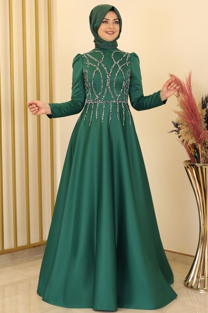 Modavitrini Satinkleid Damen Abendkleid Maxikleid Abiye Abaya mit Schmucksteinen Schmucksteine Smaragd-Grün