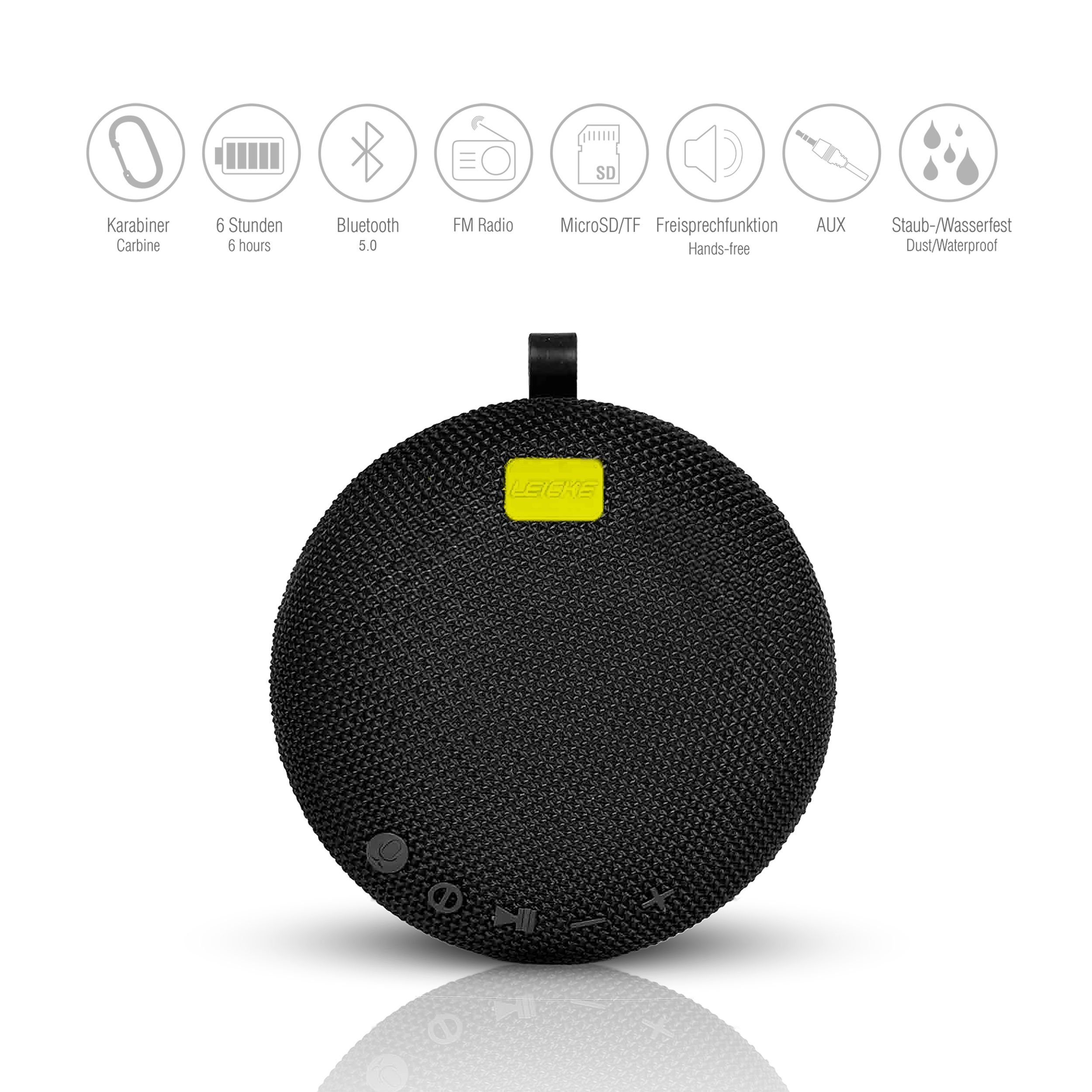 Leicke DJ Roxxx Round Clip Edition 2021 Bluetooth-Lautsprecher (Bluetooth, 5 W, Karabiner, Gummigehäuse, NFC-Pairing, staub- und spritzwassergeschützt)