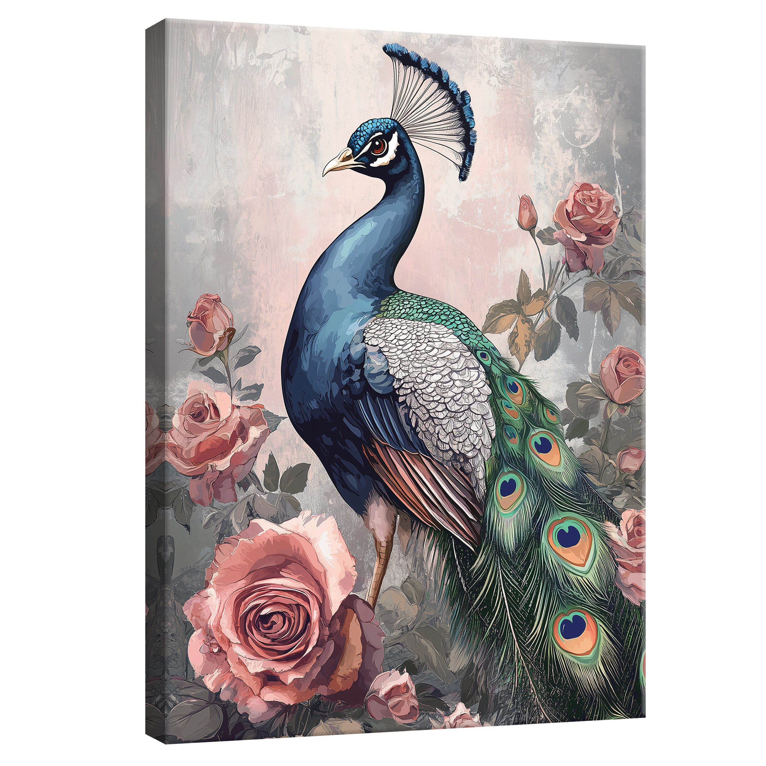 Leinwandbild Vogel Pfau Blumen Rose Wandbilder XXL Wand Deko Bilder Modern