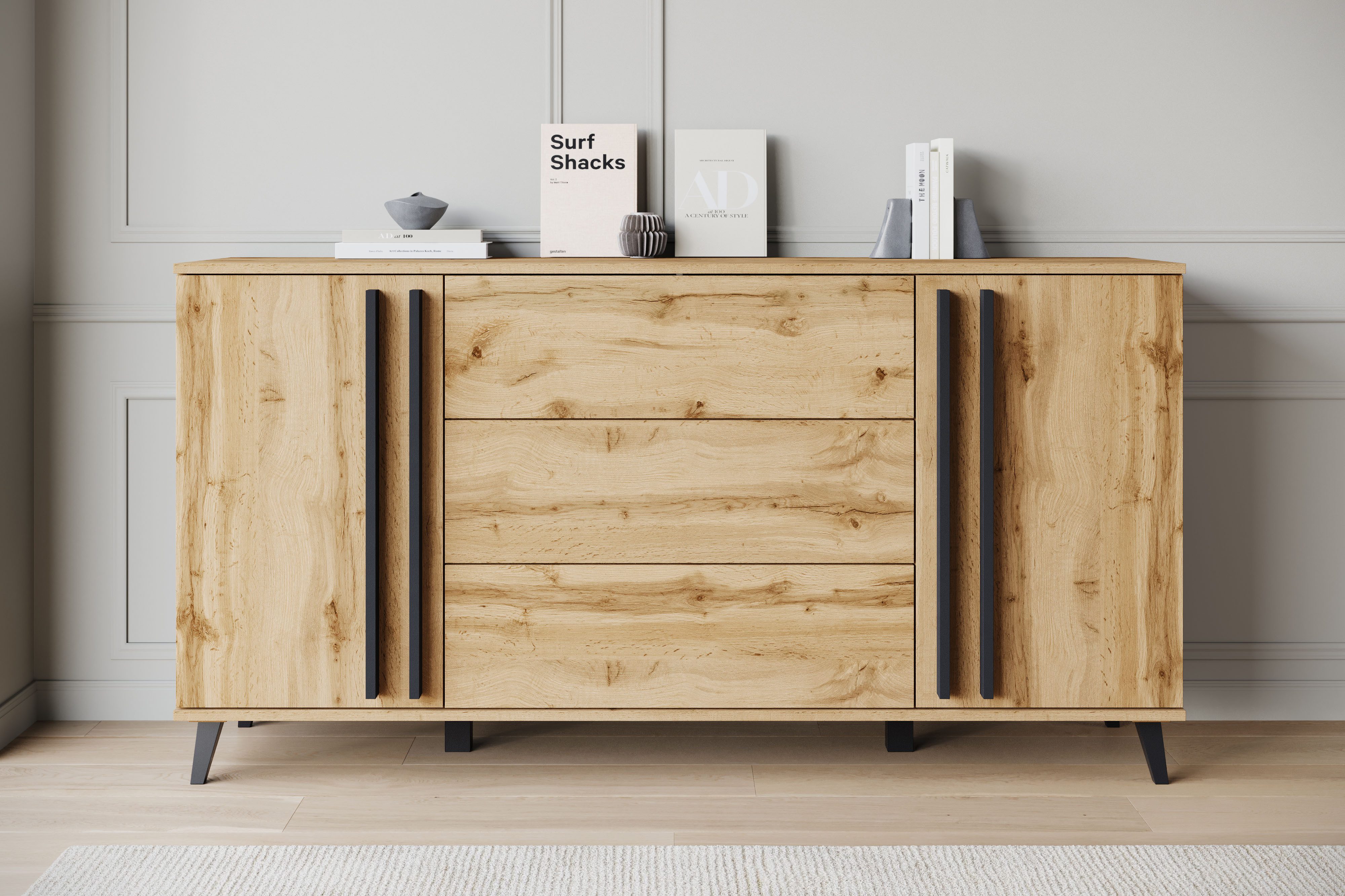 Home affaire Sideboard Helsinki, Kommode mit 2 Türen und 3 Schubladen, Breite 150 cm (1 St), Push-to-Open-Schubladen, höhenverstellbare Einlegeböden