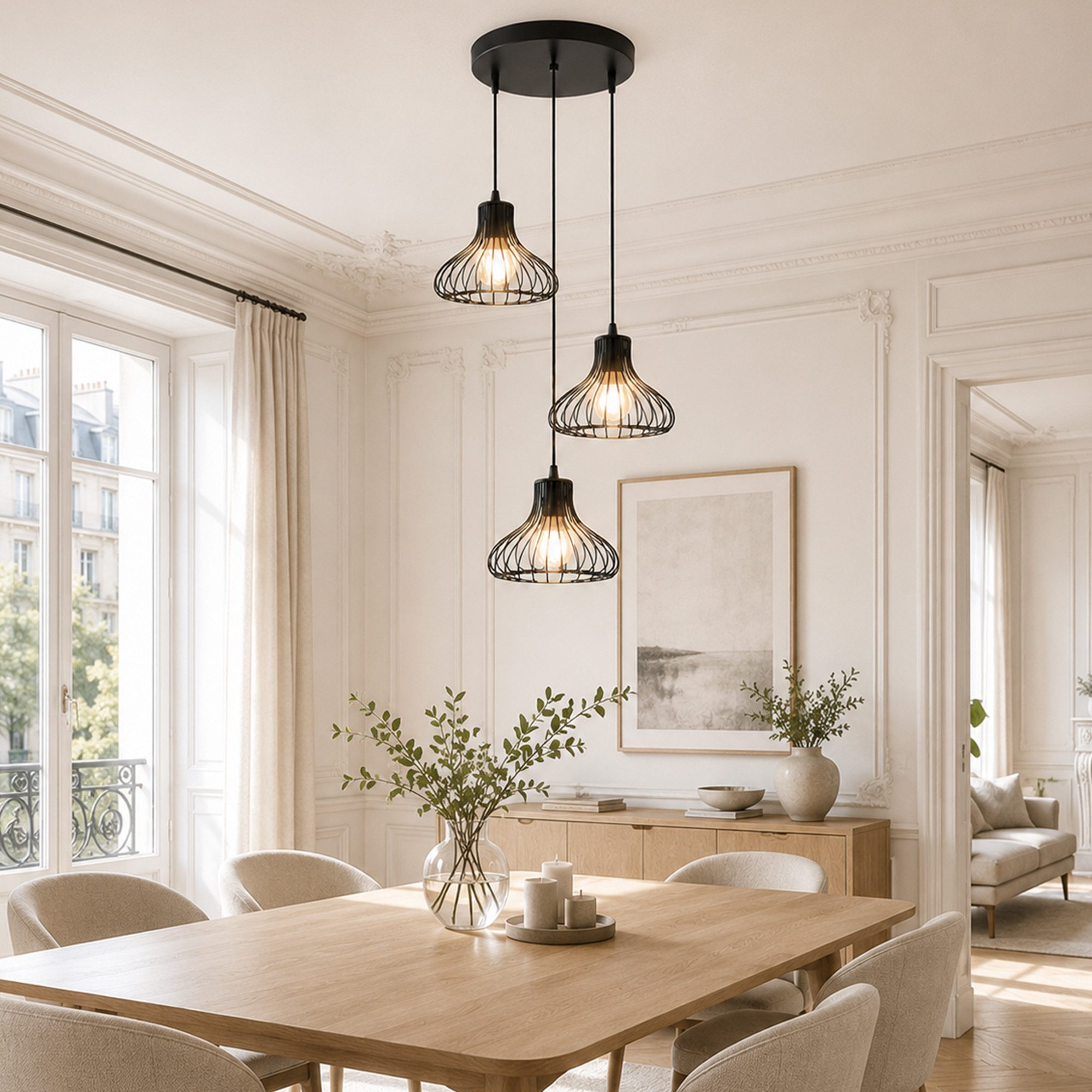 OYLCDI Deckenleuchte Pendelleuchte 3-flammig schwarz, Vintage Hängelampe mit Metallkäfig, ohne Leuchtmittel, E27(Glühbirne nicht enthalten), Offenes Metallkäfig-Design, höhenverstellbare Esstischlampe für Küche Esszimmer Wohnzimmer