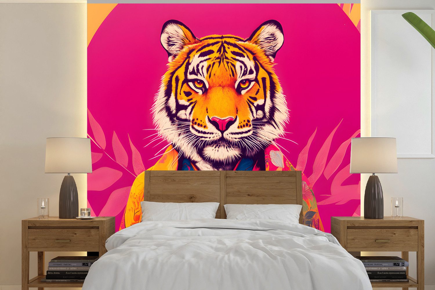 MuchoWow Fototapete Tiger - Kimono - Pflanzen - Rosa, Matt, bedruckt, Vliestapete für Wohnzimmer Schlafzimmer Küche, Fototapete, 220x220 cm