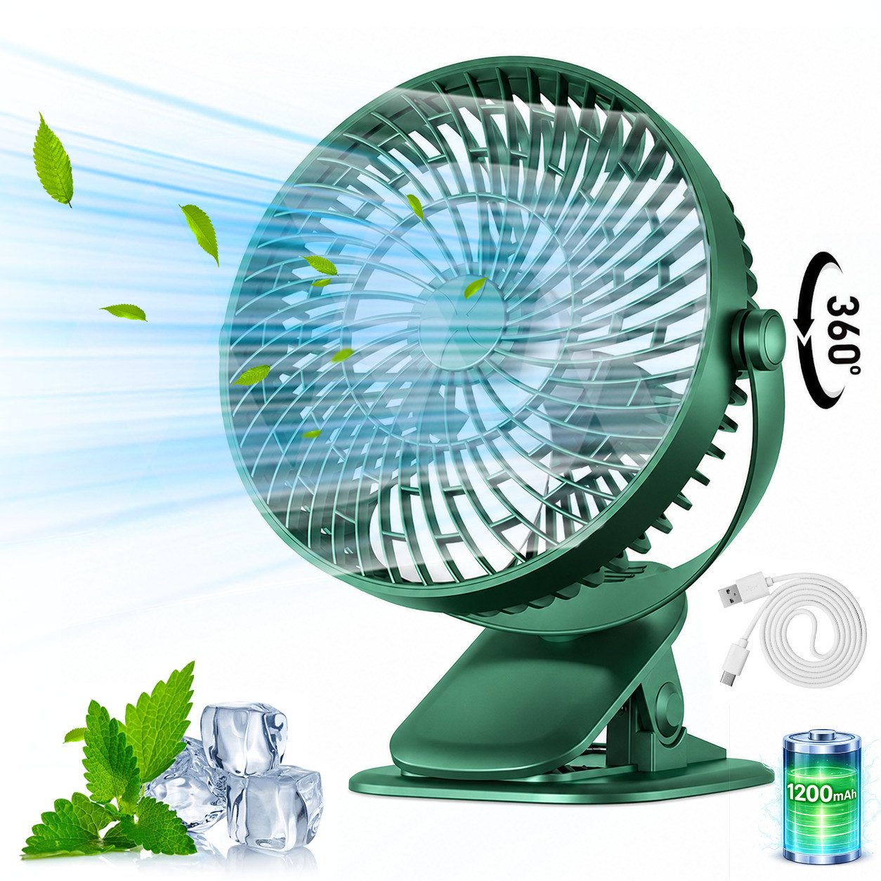 MOPUEA Standventilator 3in1 360° Drehbar Klemm-Ventilator Luftzirkulationsventilator 1200mAh, USB Tischventilator Luftzirkulation Leise USB Aufladbar 3 Windstufen