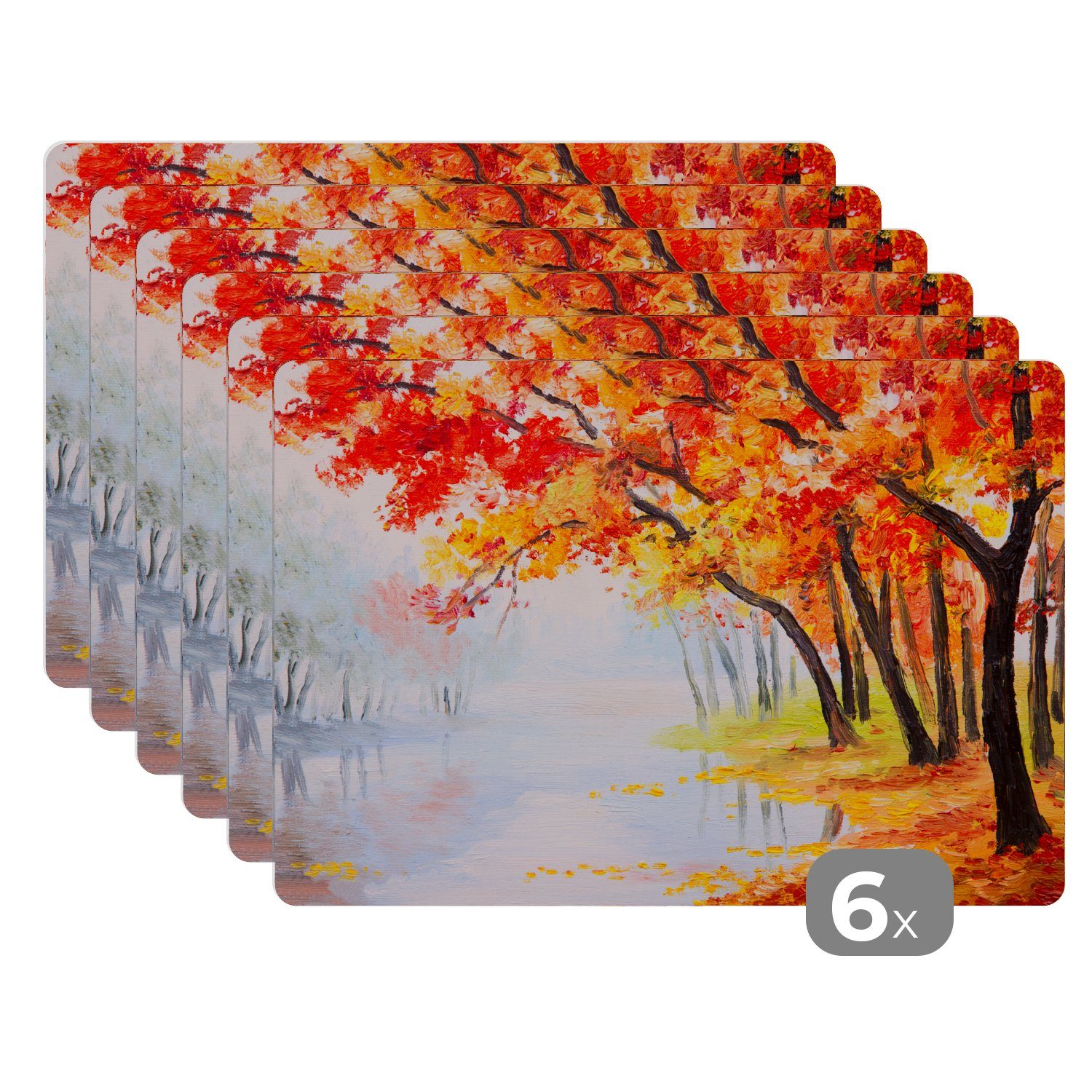 Platzset, Gemälde - Herbst - Bäume - Wasser - Ölfarbe, MuchoWow, (6-St), Platzset, Platzdecken, Platzmatte, Tischmatten, Schmutzabweisend | Tischsets