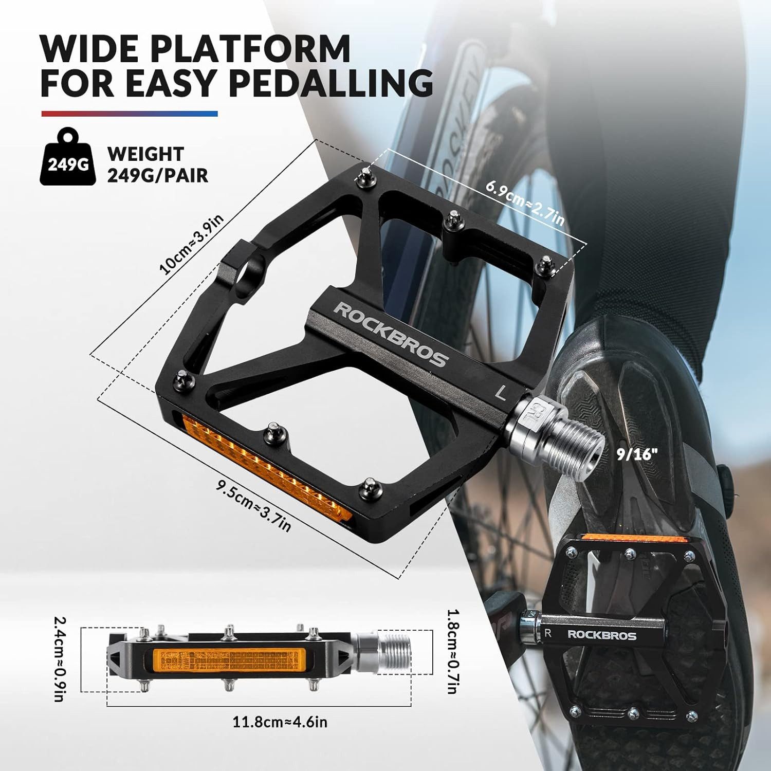 ROCKBROS Fahrradpedale mit Reflektoren Platform Pedale aus Aluminiumlegierung (Rennrad, BMX, E-Bike, 1-tlg., Antirutsch Ultraleicht 9/16 Zoll Fahrrad Pedale für MTB)