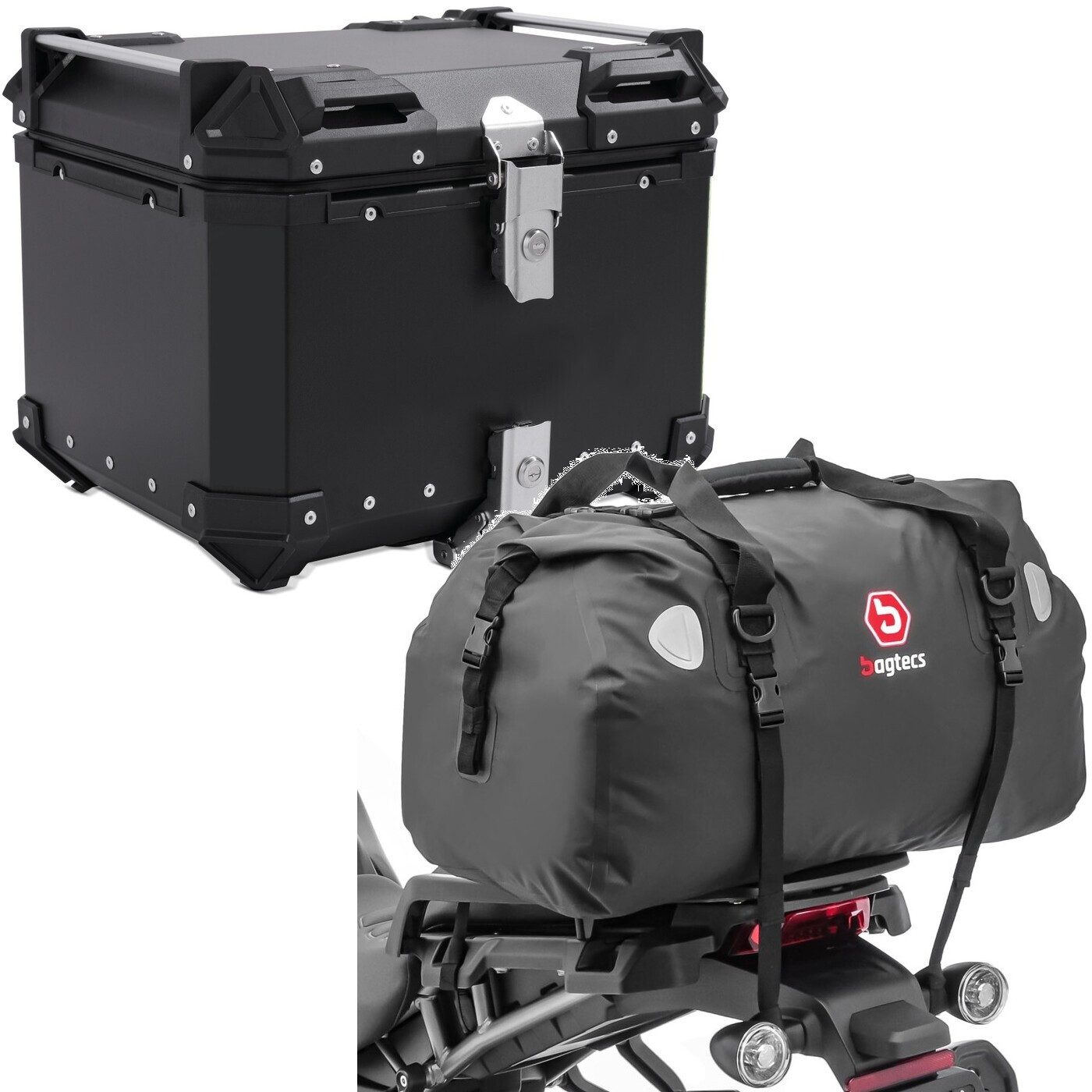Bagtecs Reisetasche Set: Motorrad Alu Topcase XB55 Alu univ. 55 Liter sw # mit Motorrad He