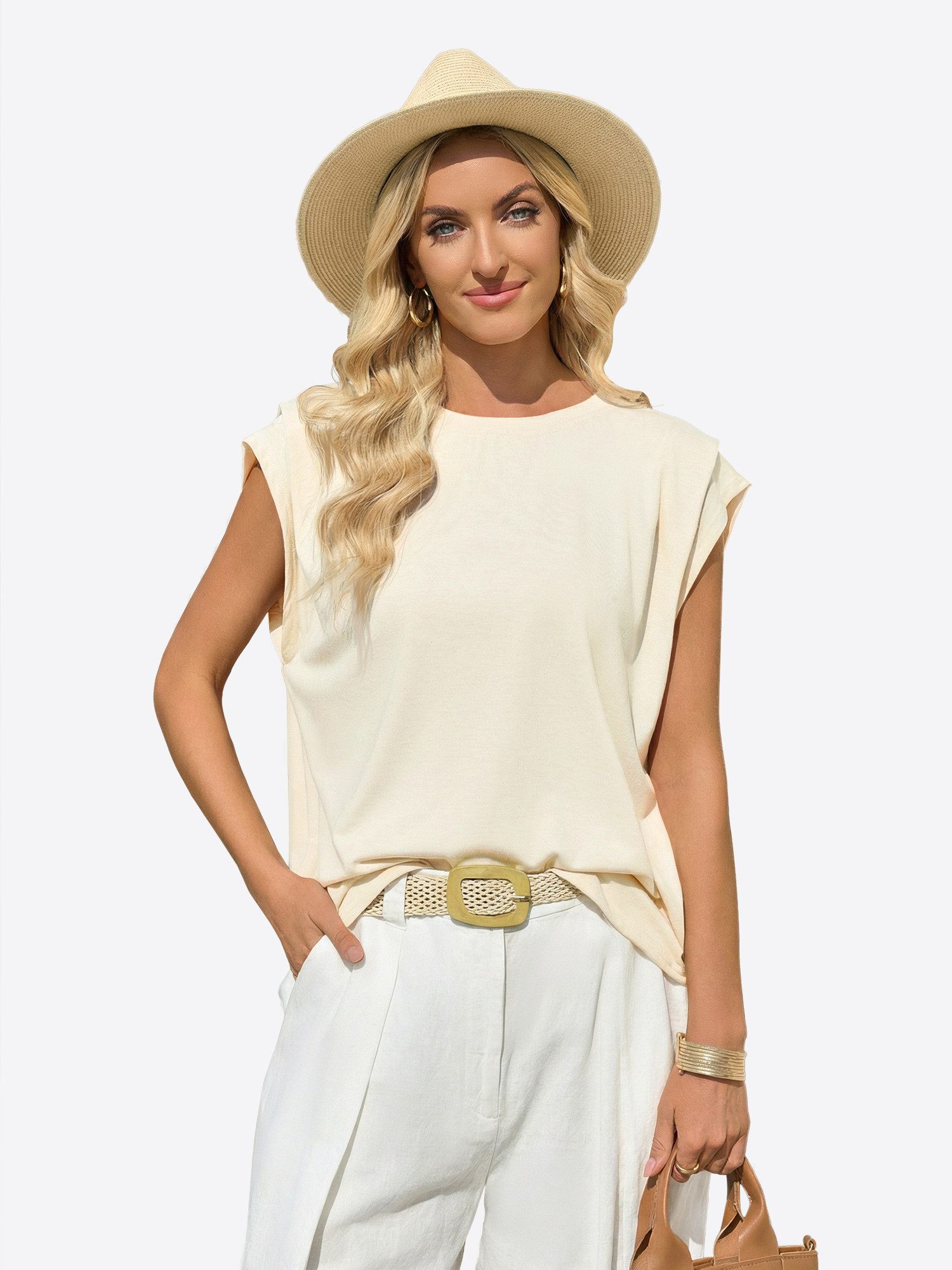 Imily Bela T-Shirt Damen Bootsausschnitt Basicbluse (Packung, 1-tlg., 1per-Pack) Schultern überlappend