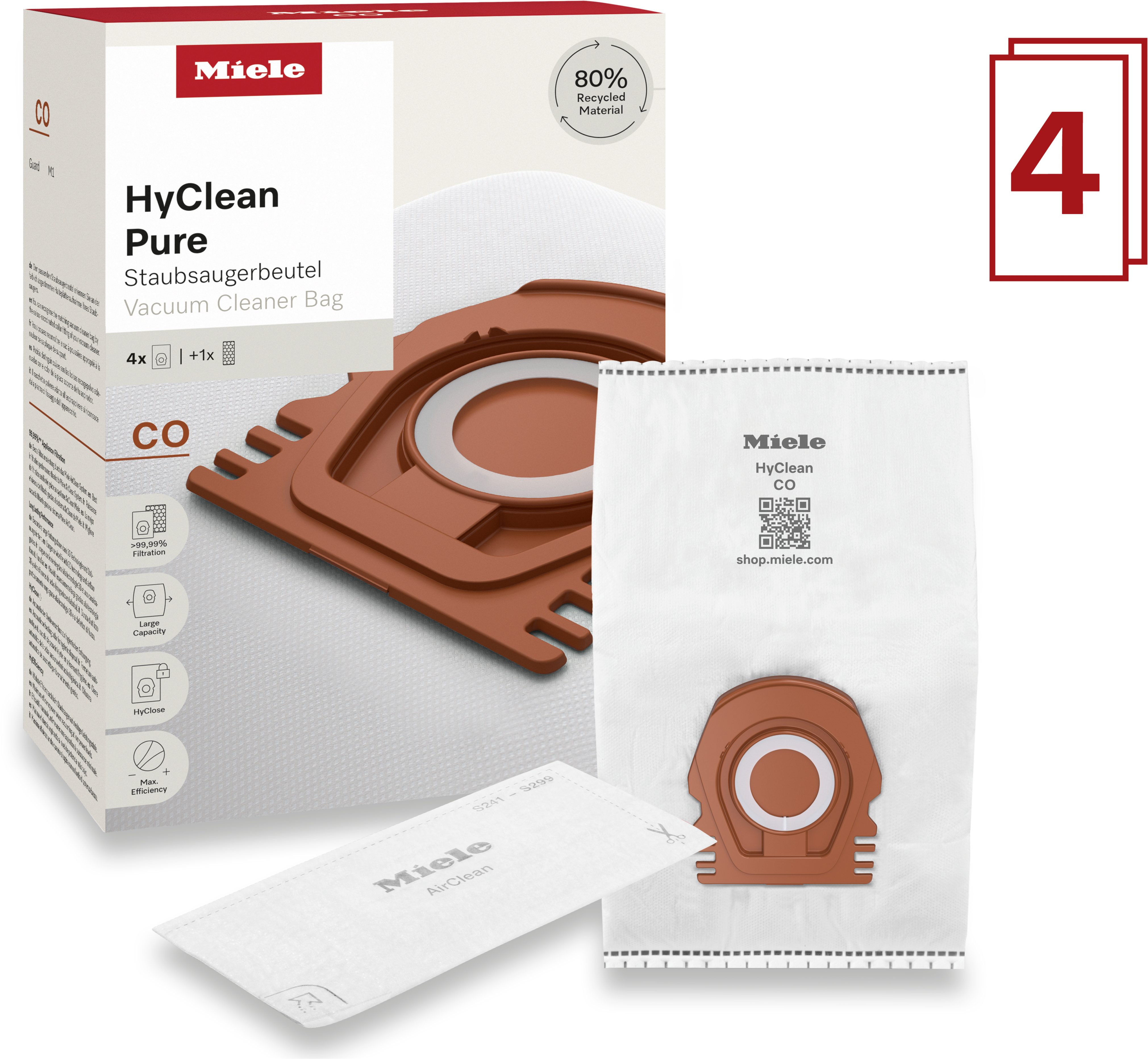 Miele Staubsaugerbeutel HyClean Pure CO, passend für Miele, 5 St., Miele Original Zubehör, mit bester Filtrationsleistung