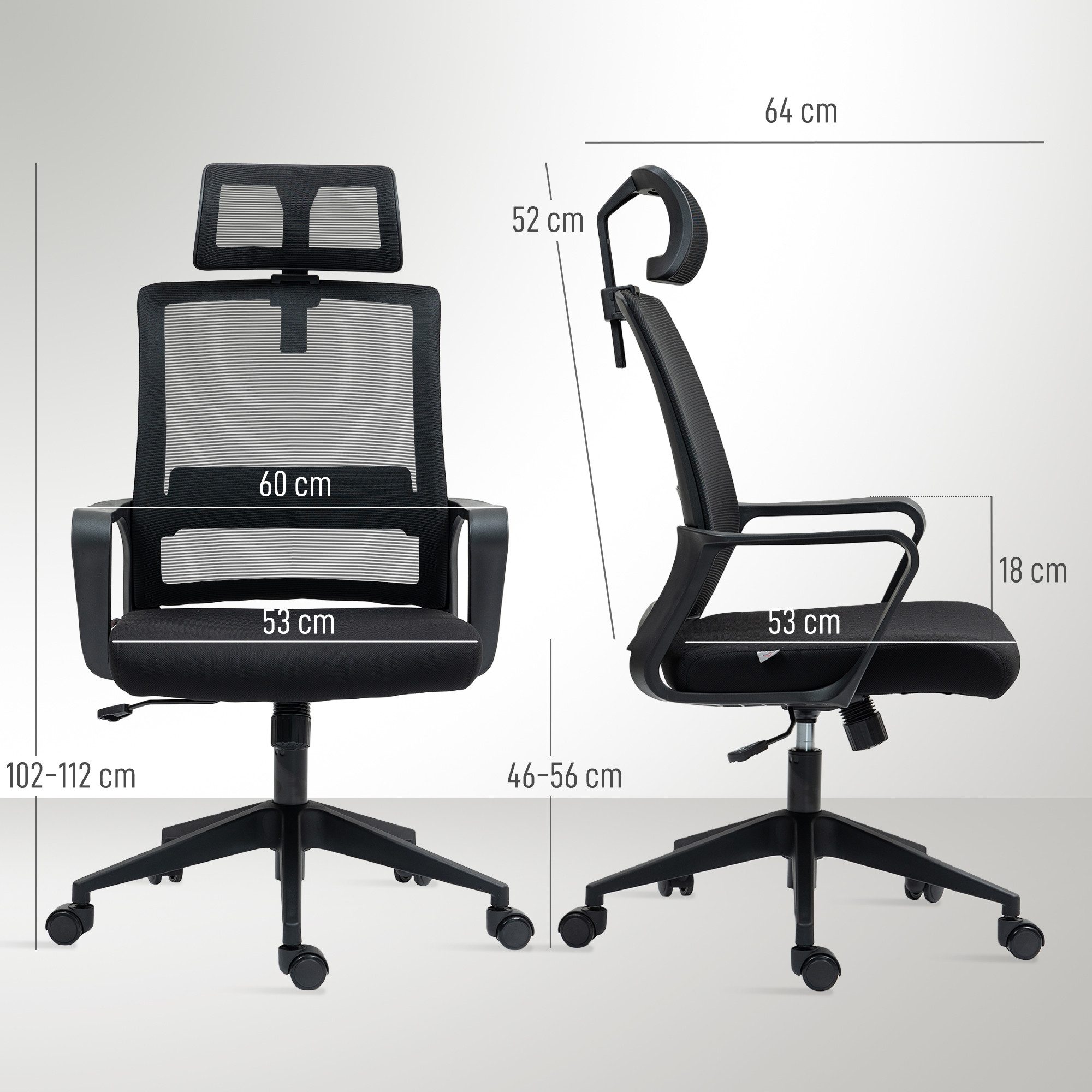 HOMCOM Bürostuhl Ergonomischer Schreibtischstuhl mit Armlehne, Verstellbar Kopfstütze (Höhenverstellbarer Mesh Drehstuhl, 1 St), mit Wippfunktion, Schwarz