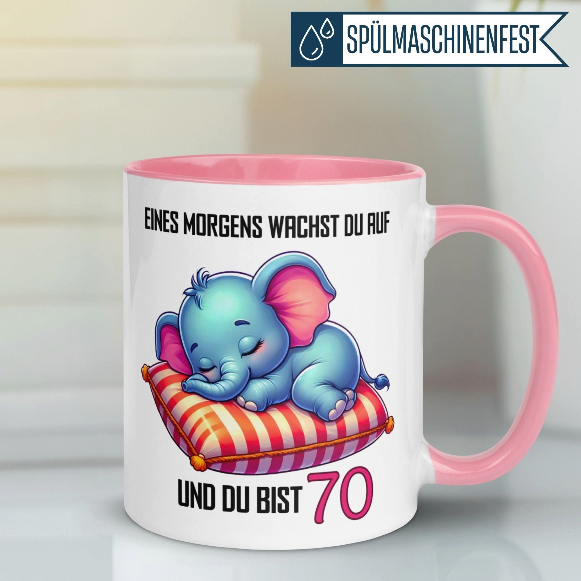 Momentals Tasse 70. Geburtstag Frau – „Eines morgens bist du 70“ – Geschenk Frauen, Gratis Versand · Links-&Rechtshänder · Spülmaschinenfest