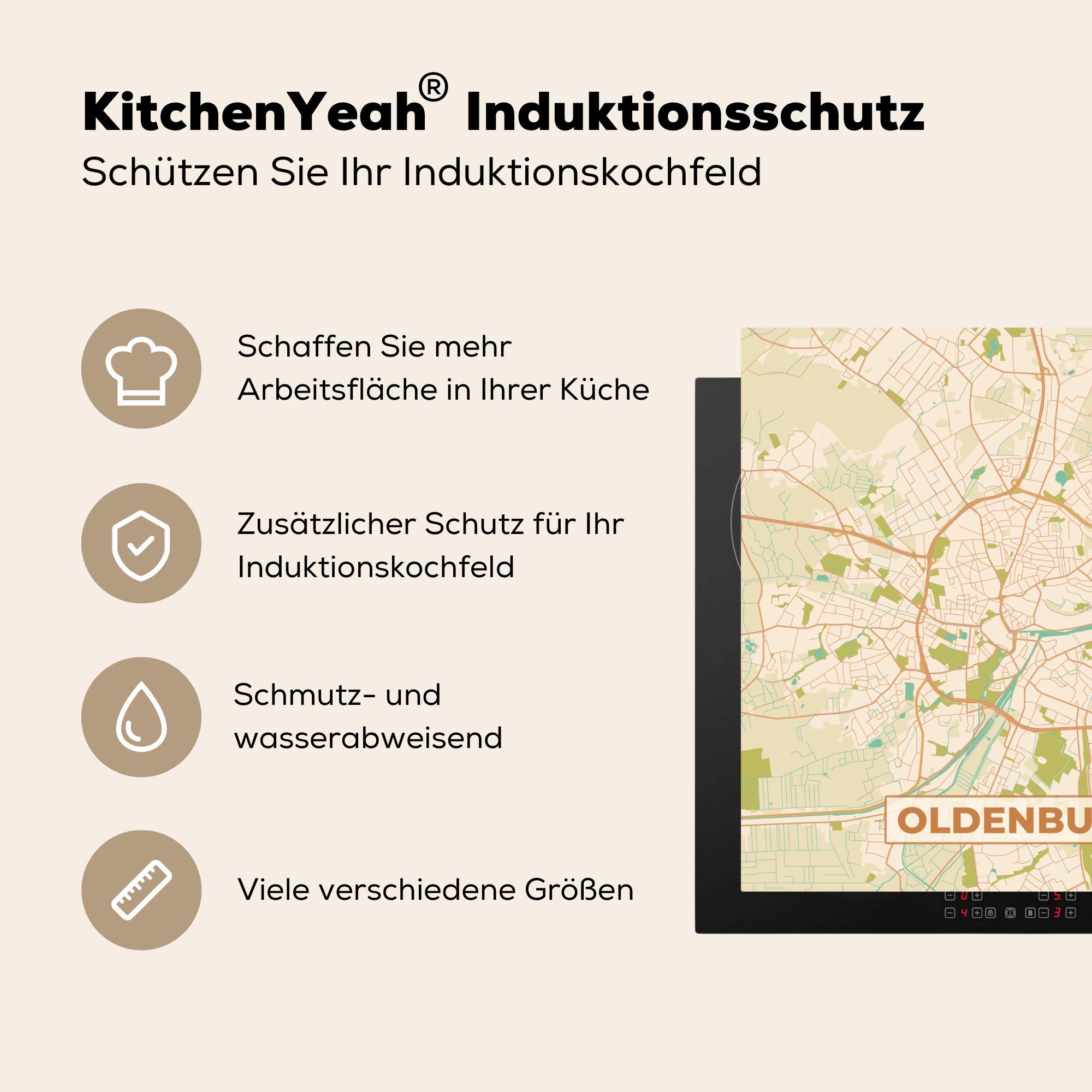 Karte 78x78 - Oldenburg Ceranfeldabdeckung, (1 - tlg), MuchoWow - cm, küche Jahrgang Arbeitsplatte Herdblende-/Abdeckplatte für Karte, Vinyl,
