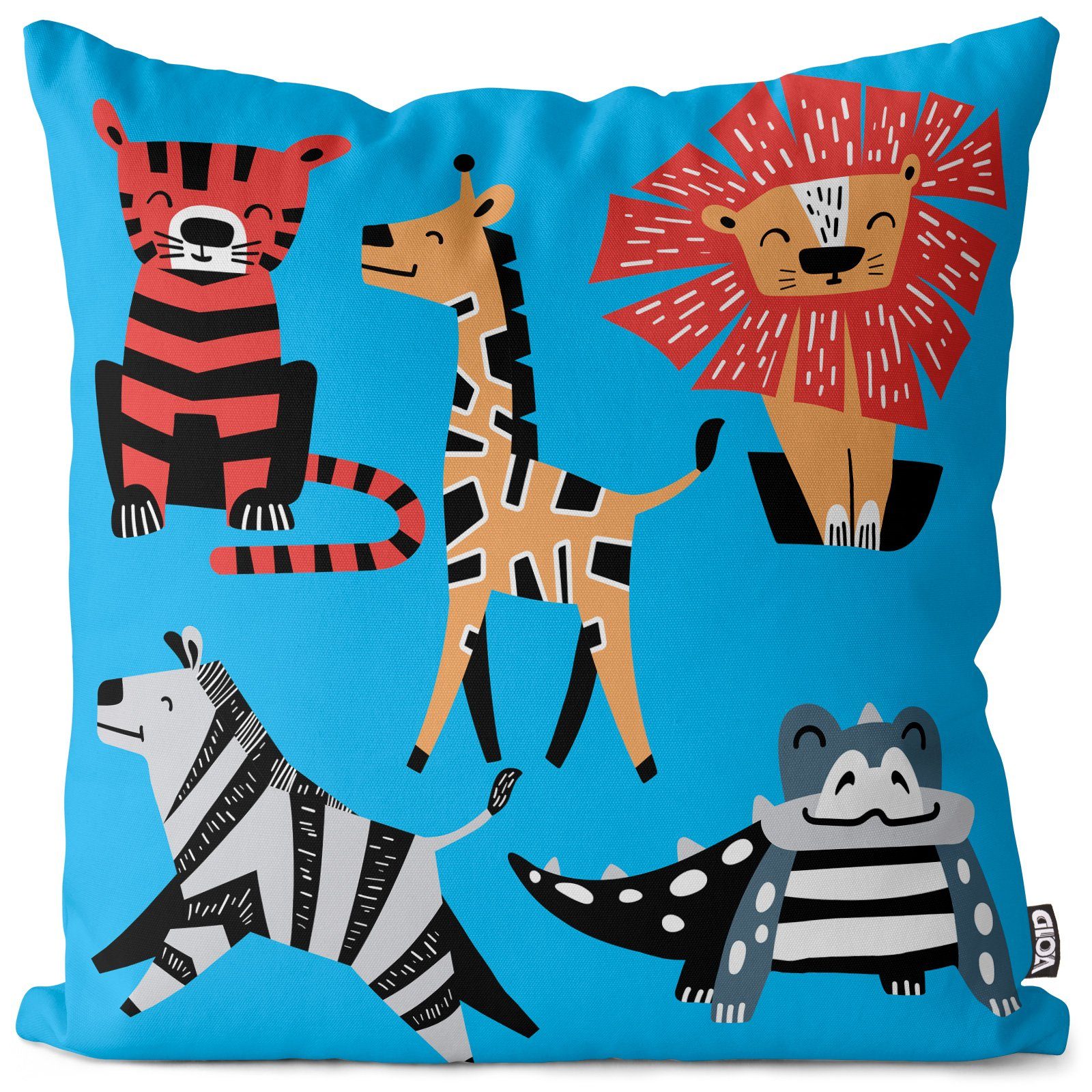 Kissenbezug, VOID (1 Stück), Sofa-Kissen Zootiere blau Kissenbezug Zoo Tiere Kinder Löwe Tiger Krokodil Zebra Giraffe Af