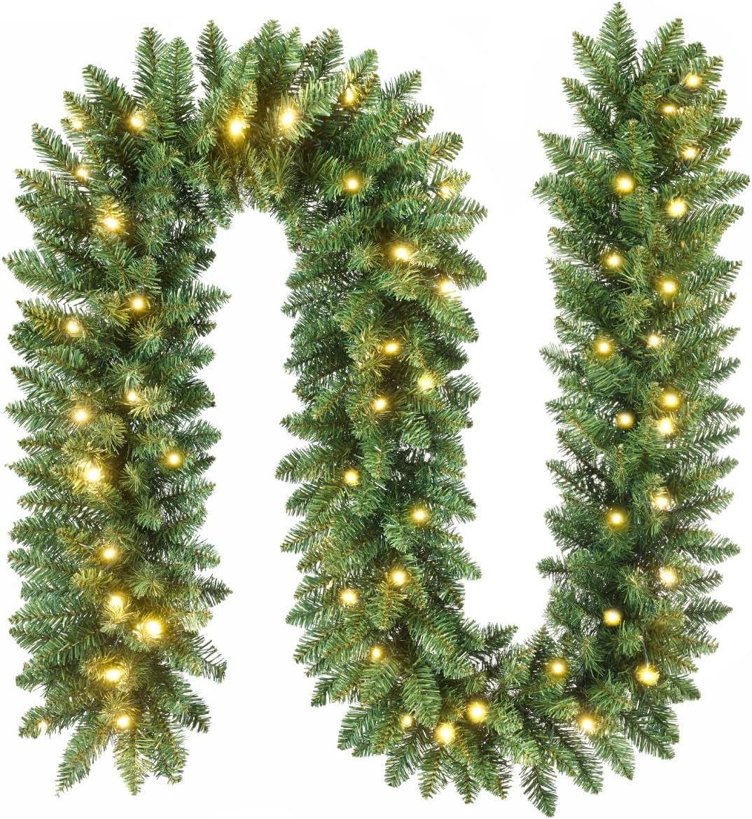 Montegoni LED-Girlande 270cm Kunst Weihnachtsgirlande grün mit 40 LED Lichterkette warmweiß, Tannengirlande beleuchtet mit Timer batteriebetrieben Garten Deko