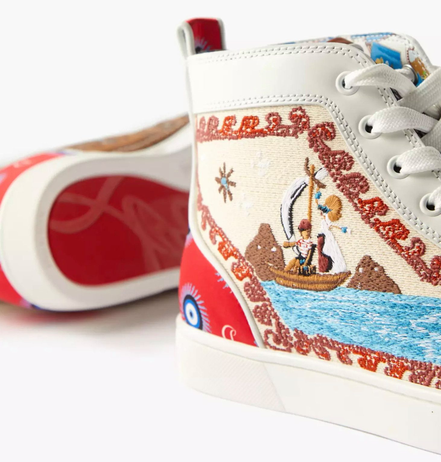 CHRISTIAN LOUBOUTIN Bestickte No Limit Greek Boat Leder Boots Sneaker bestickte Bootsszene, Böse-Auge-Druck, Rote Gummisohle