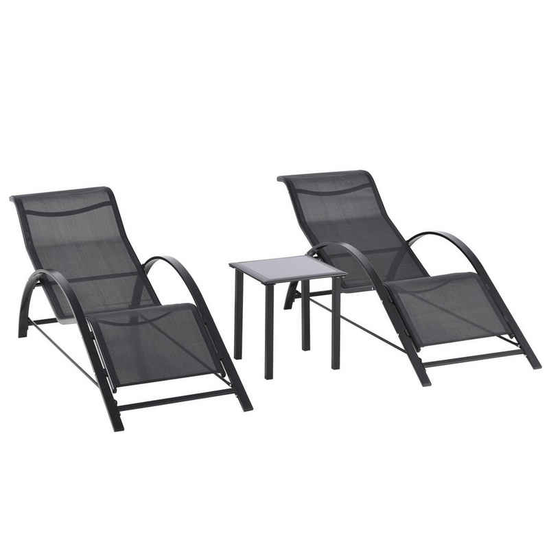 Outsunny Gartenliege Sonnenliege-Set mit Tisch, 2 Liegestühlen, Campingliege, 3 St., Relaxliege, für Balkon, Terrasse, Schwarz