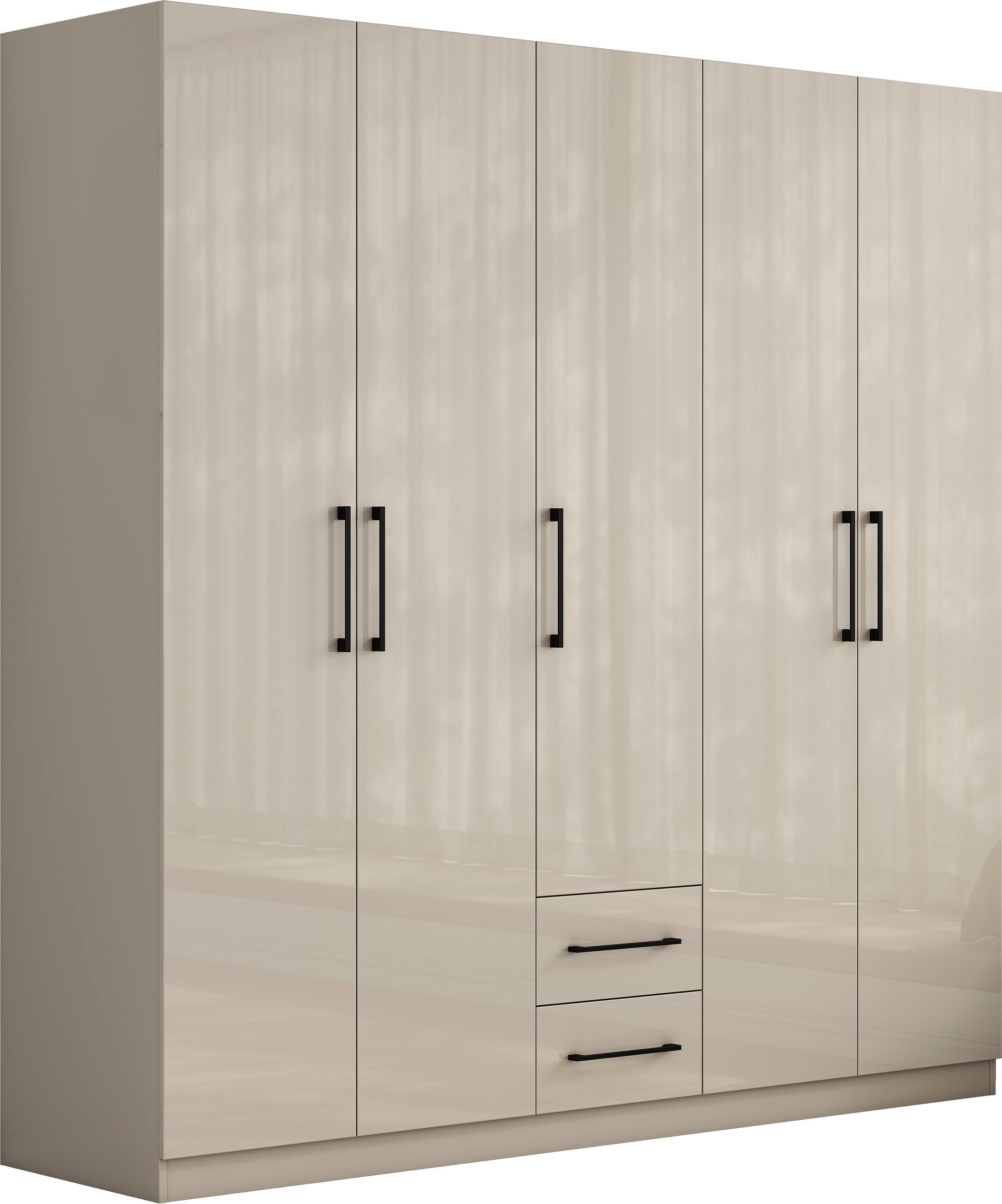 OTTO home Kleiderschrank Sylt Schlafzimmerschrank Garderobe Schrank in hochglanz weiß (5 Türen, 2 Schubladen, schwarze moderne Griffe, 7 Einlegeböden) Drehtürenschrank mit perfekter Innenausstattung, Breite 200cm