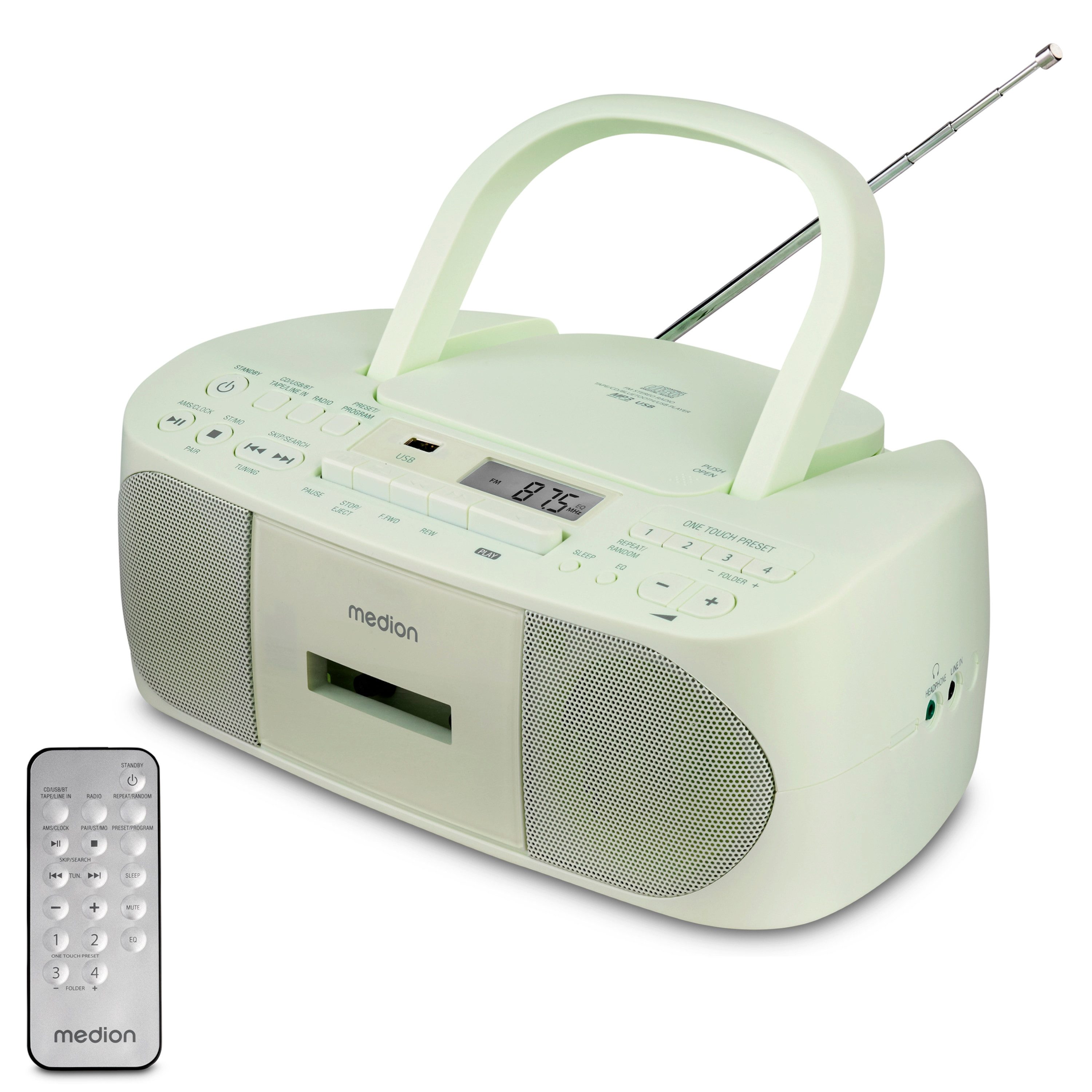 Medion® LIFE® E65010 (MD 43429) Stereo Radio (AM- / FM- Tuner, MW / UKW mit RDS, 3 W, CD-Player, Kassette, USB, MP3-Widergabe, 40 Senderspeicher, grün)