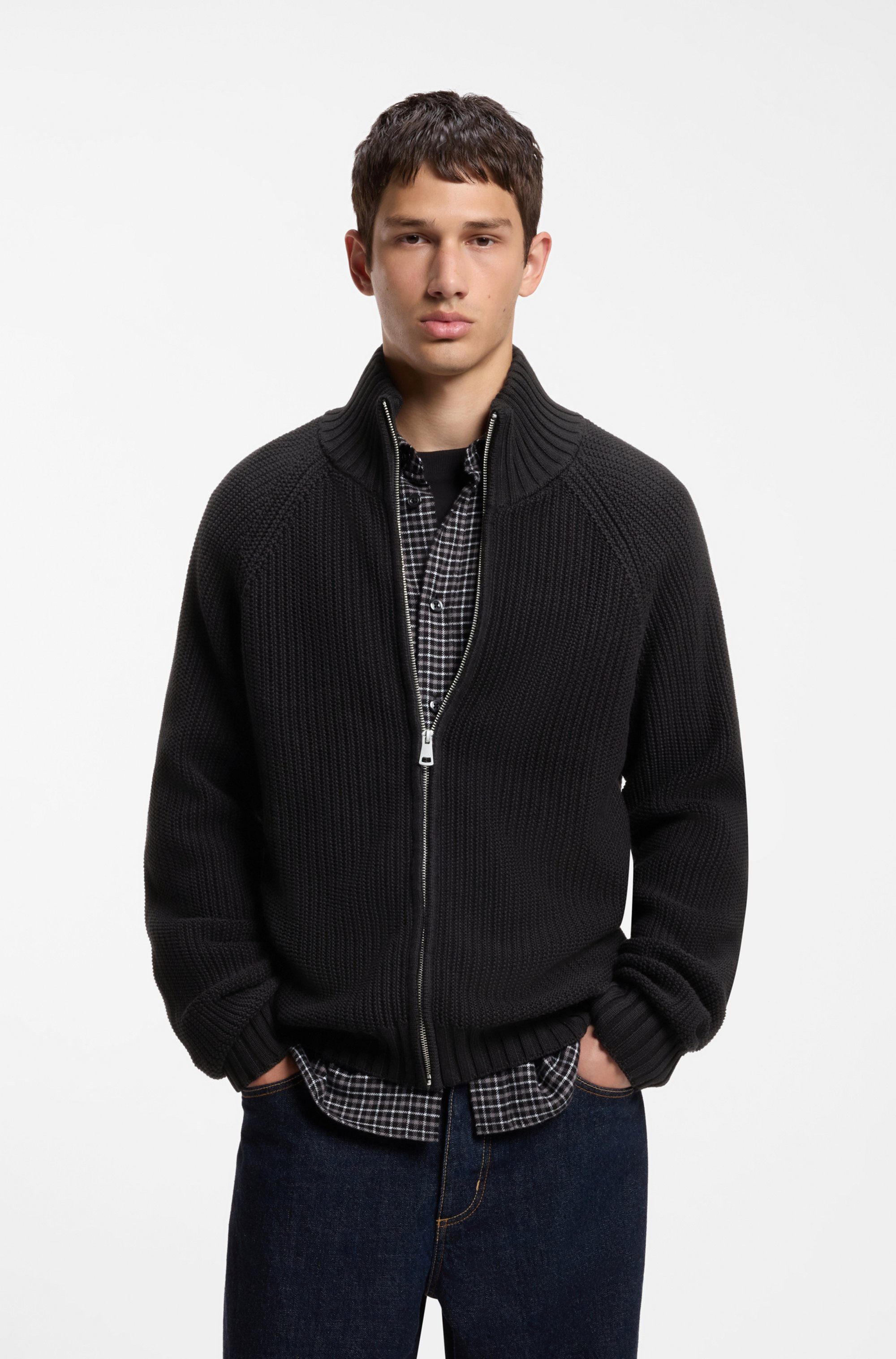 HUGO Strickjacke Sonzie Rippstrick, Regular Fit, reine Baumwolle