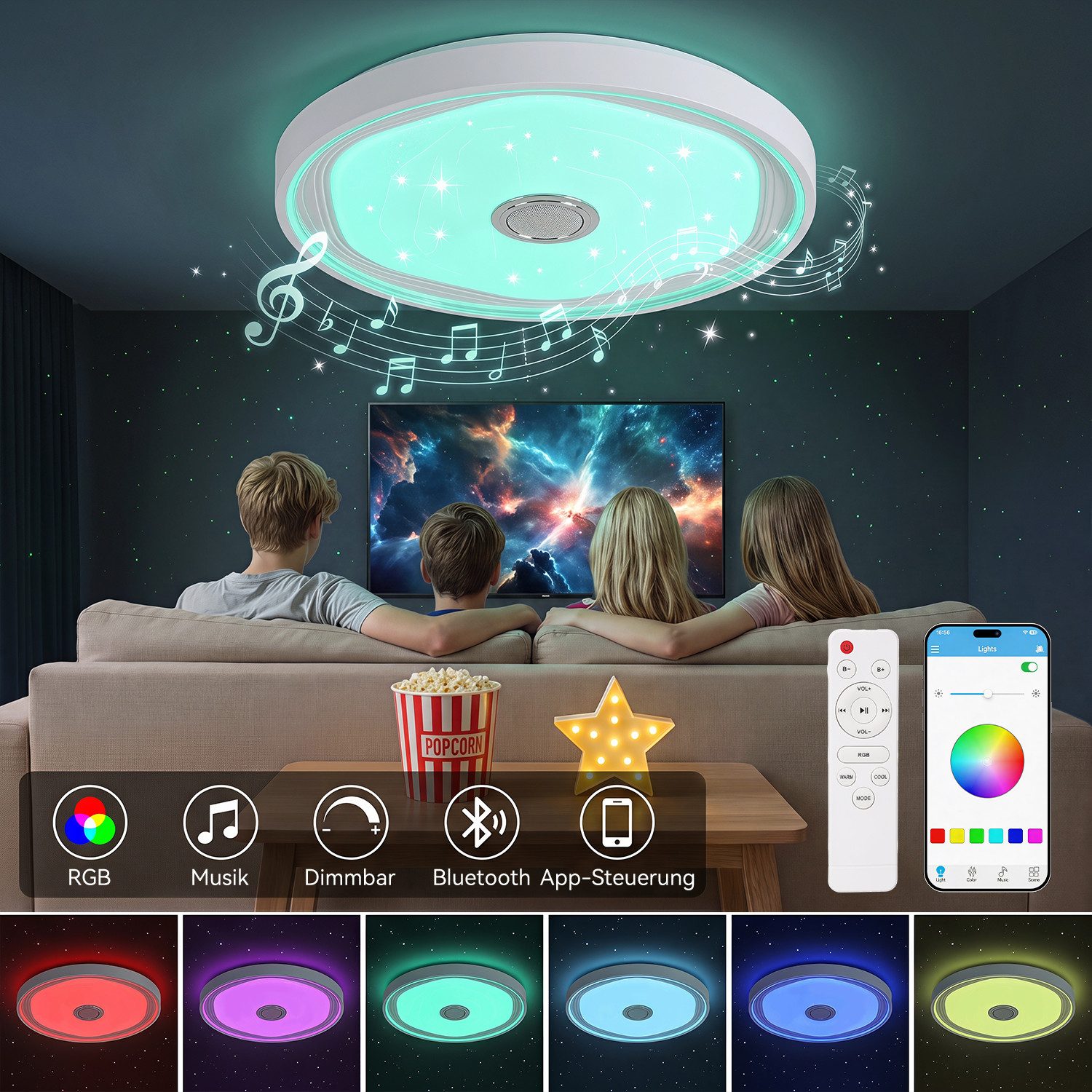 oyajia Deckenleuchte Smart LED Deckenlampe mit Bluetooth Lautsprecher, 50cm Wohnzimmerlampe, LED fest integriert, Kaltweiß+Naturweiß+Warmweiß+RGB, 48W RGB Deckenleuchte APP Control, für Badezimmer Schlafzimmer Hotel
