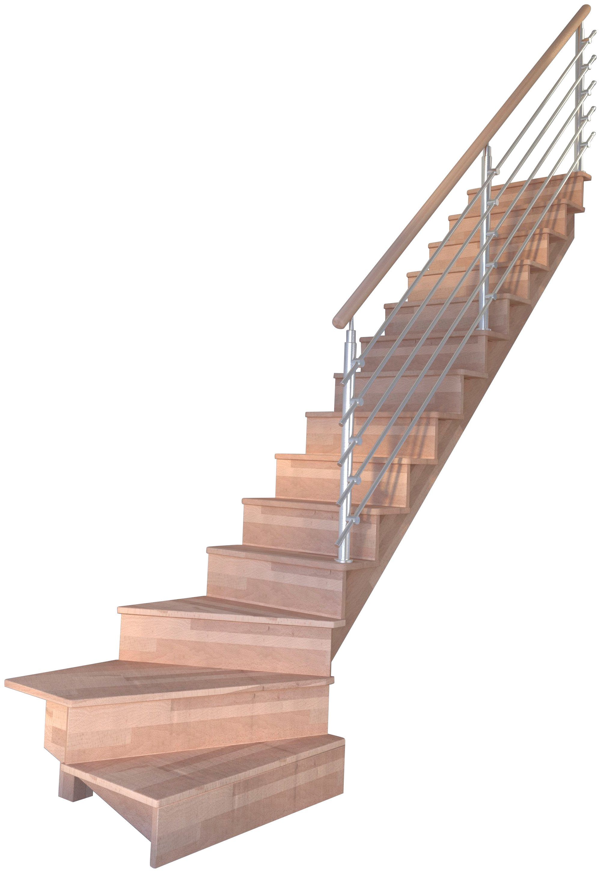 geschlossen, Design-Geländer 300 Stufen Starwood Durchgehende Lindos, Massivholz Rechts, cm, gewendelt Wangenteile Systemtreppe Geschosshöhen bis Edelstahl, für