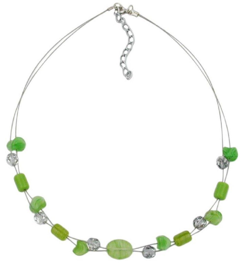 Collier Drahtkette mit Glasperlen Lindgrün u. Kristall-Silberverspiegelt 45 cm