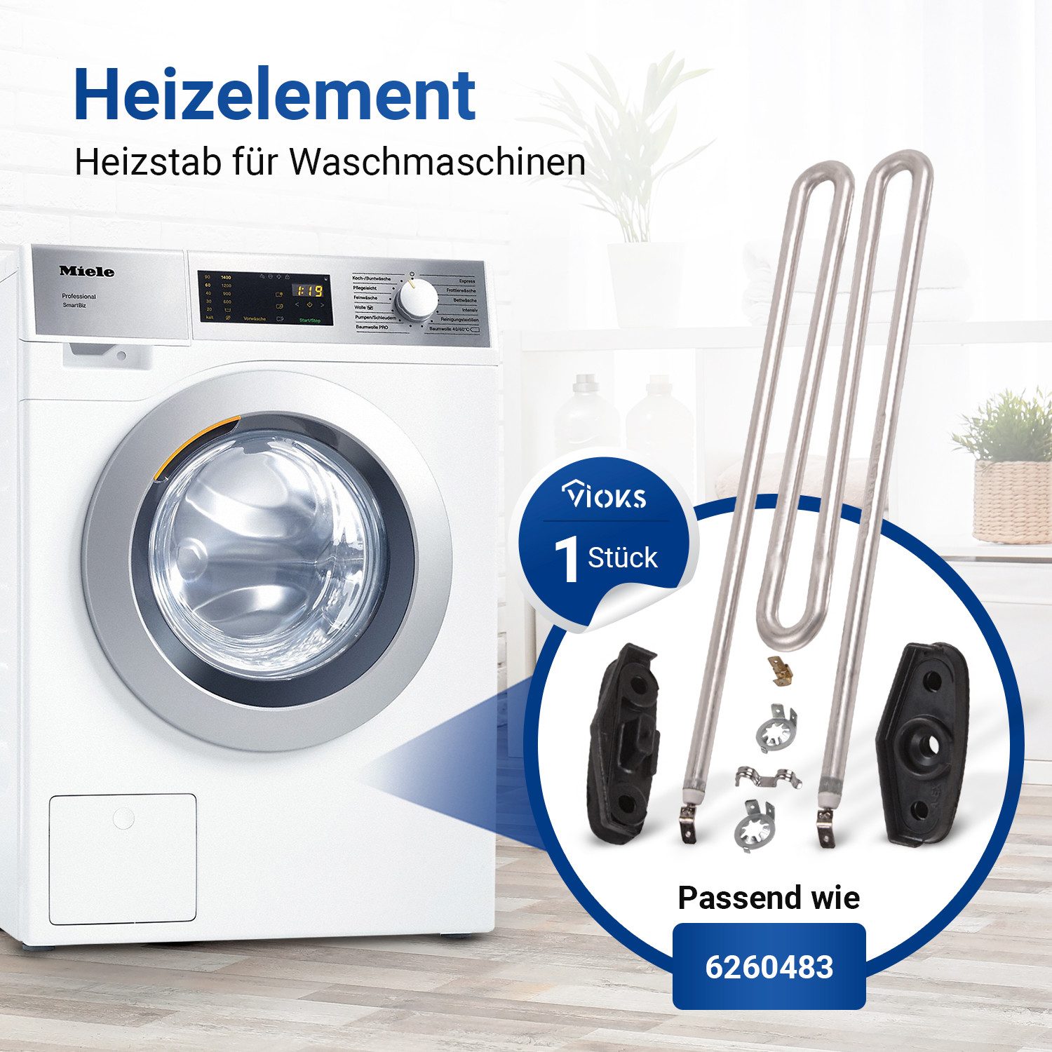 VIOKS Heizstab Heizelement Ersatz für Miele 6260485 2100W 230V, für Waschmaschine Waschtrockner