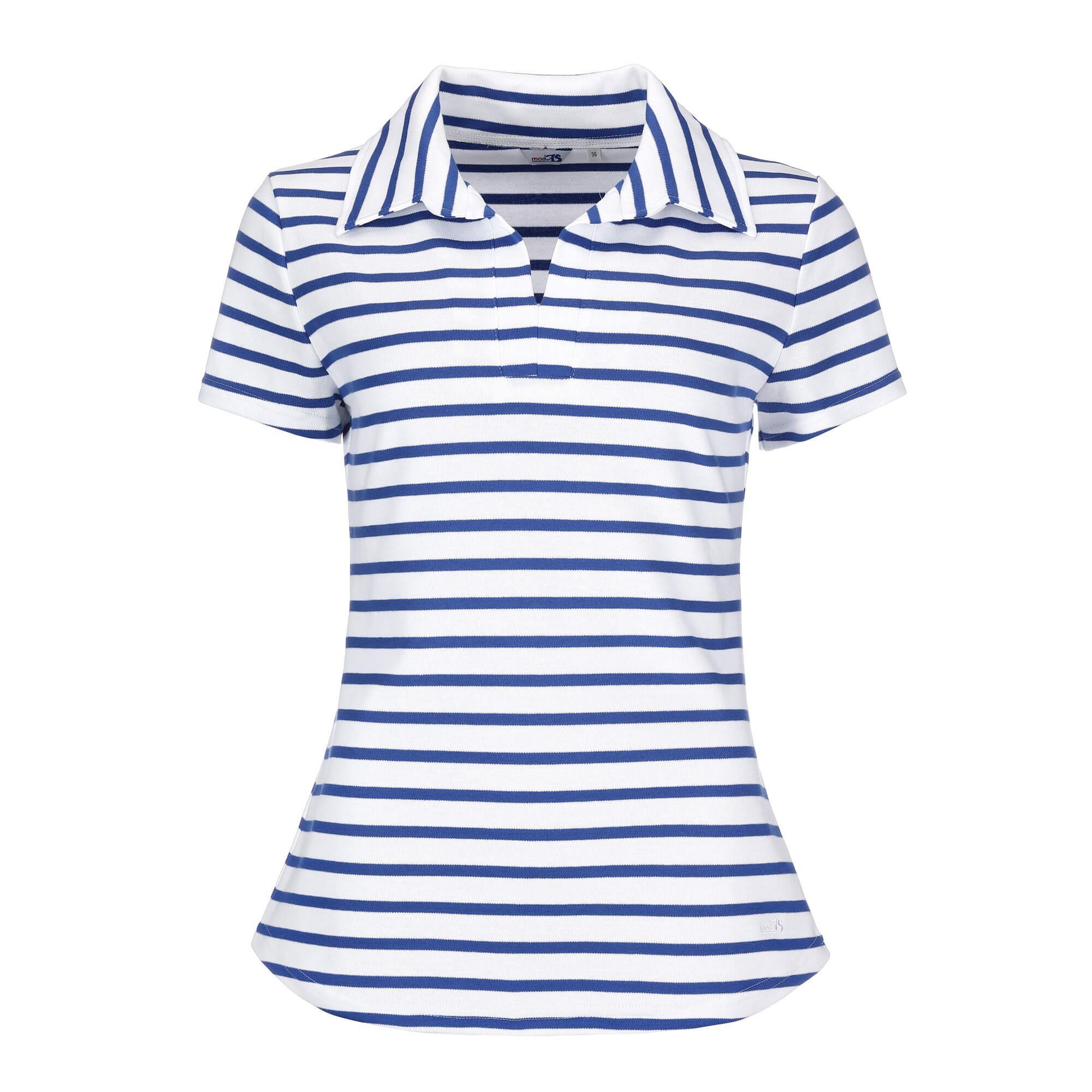 modAS T-Shirt Damen Kurzarm-Shirt gestreift mit Polokragen - Sommershirt Streifen (72) weiß / royal