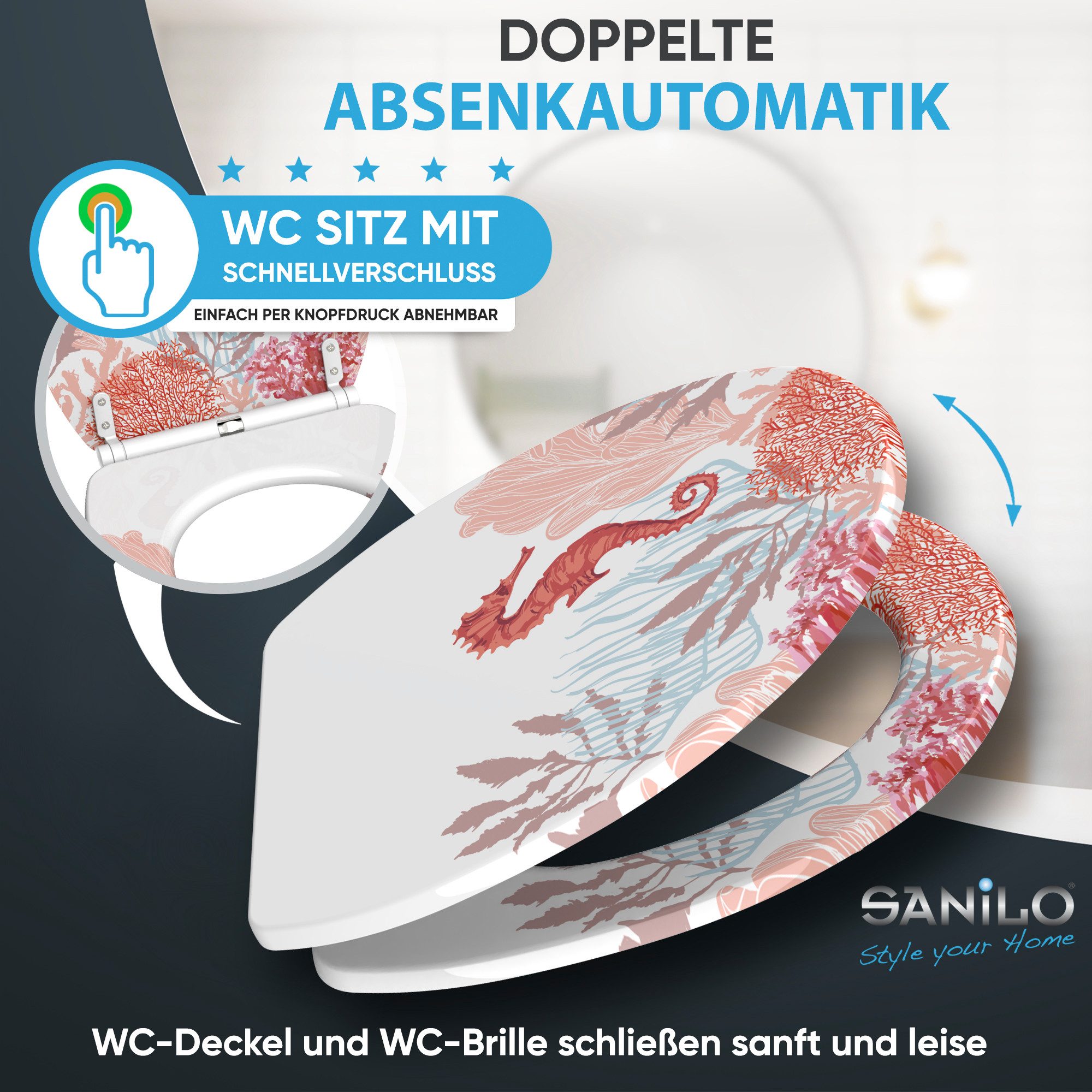 Sanilo WC-Sitz mit Absenkautomatik & Top Fix in vielen Designs, hochwertig, abnehmbar, leichte Montage von oben, mit Schraubenzieher