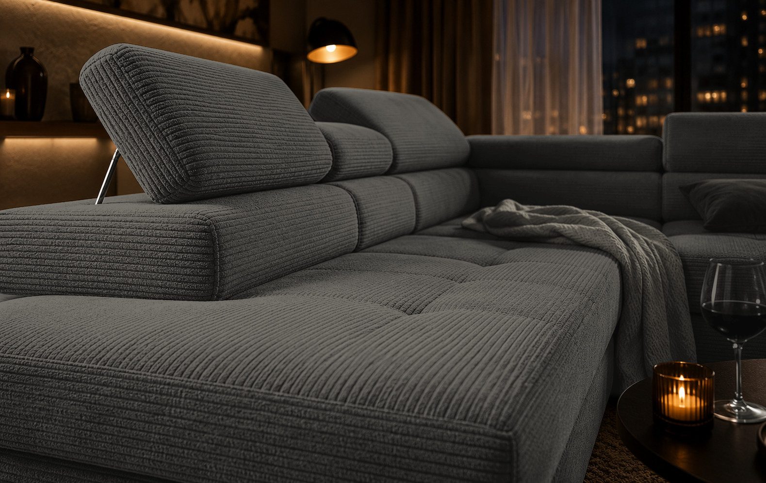 Goldstoff Ecksofa mit Schlaffunktion, Cord Couch für Wohnzimmer - Cord Ecksofa, Cord Sofa VOYAGE 2 Teile, Großer Bettkasten