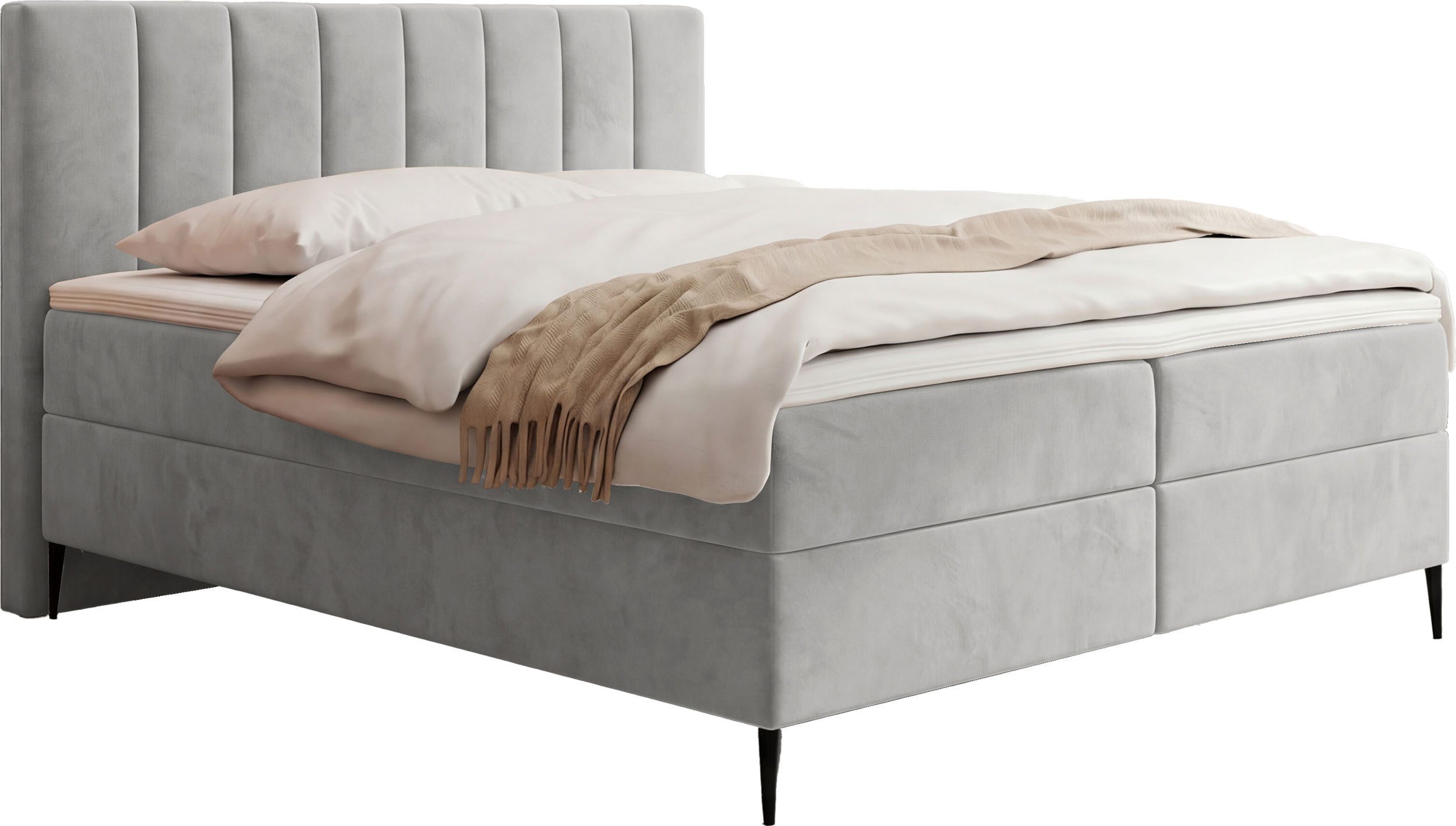 WFL GROUP Boxspringbett Allen mit Bettkasten, Boucle oder Samt, hohes Kopfteil & hohe Füße (erhältlich in 5 Größen: 120x200, 140x200, 160x200, 180x200, 200x200 cm), Doppelbett mit H4 Pocket Matratze, Foam Topper & Stauraum, Made in EU