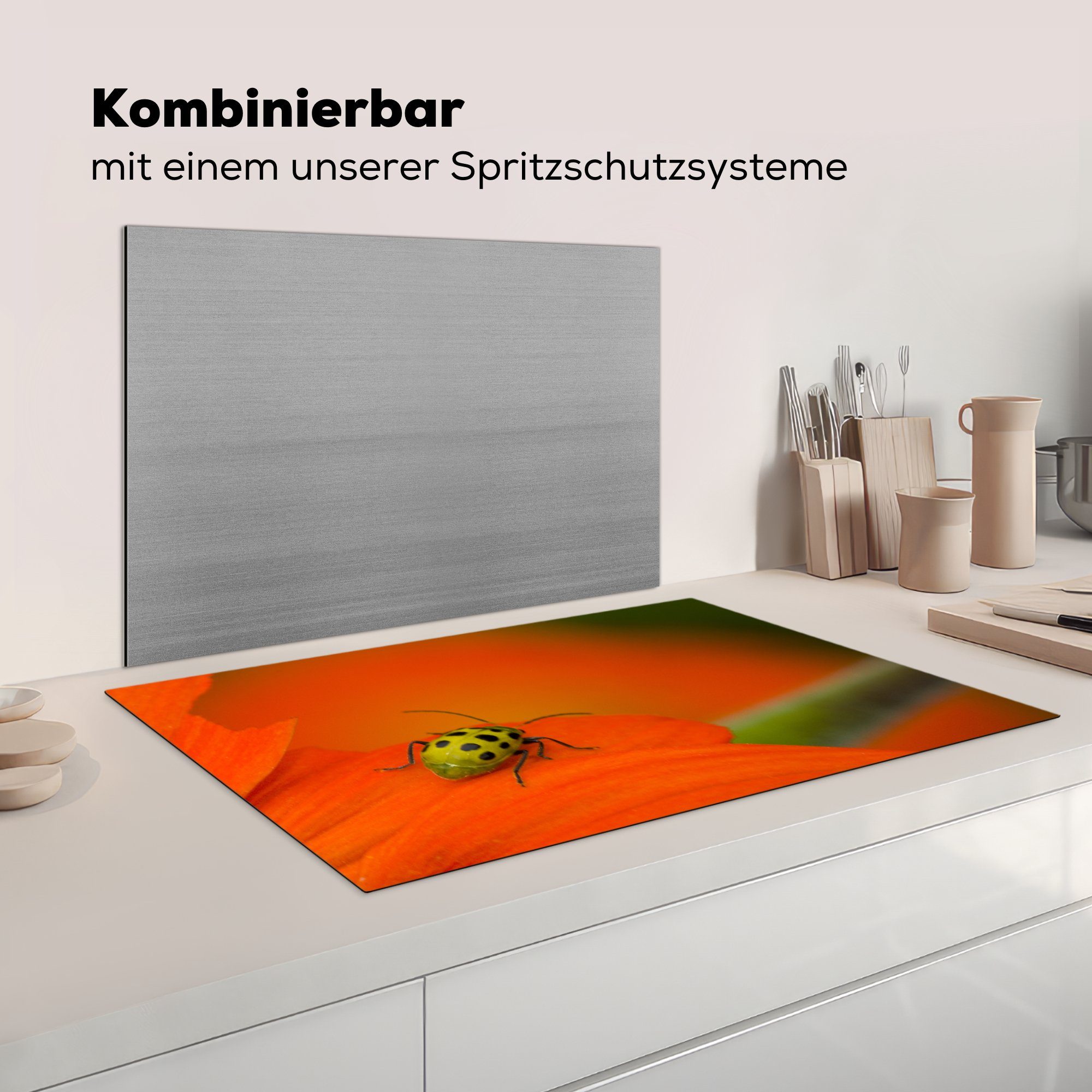 MuchoWow Herdblende-/Abdeckplatte Gefleckter Käfer für Blüte, küche (1 tlg), Arbeitsplatte 83x51 Ceranfeldabdeckung, auf Vinyl, orangefarbener cm