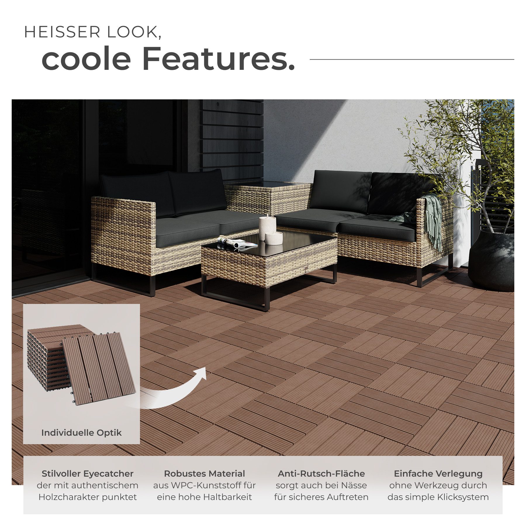 tectake Terrassendielen Terrassenfliesen 11er Set im Klicksystem, 31 x 31 x 2,2 cm, 1,0571 m², BxL: je 31,00x31,00 cm, (Terrassenplatten Außenbereich Tegulas, 11-St., in braun), robustes WPC in Holzoptik, mit Drainage, wetterfest