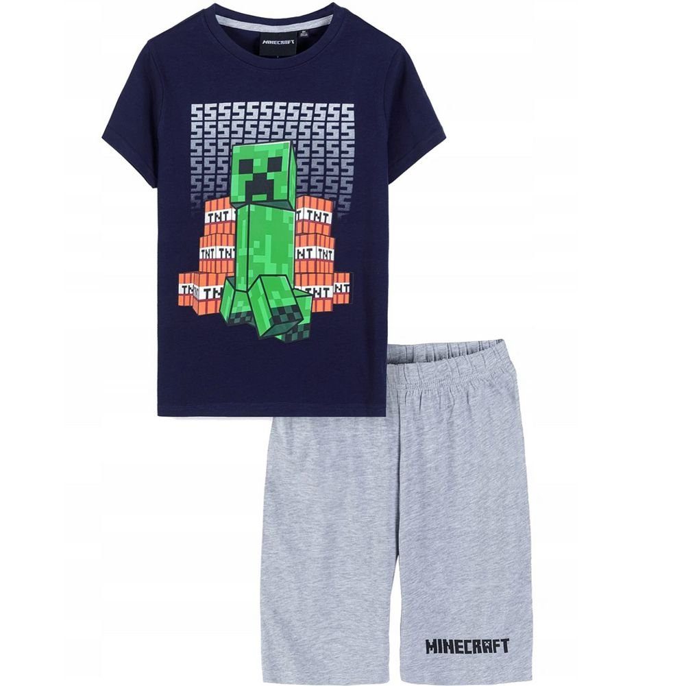 Schlafanzug Kinder kurzer Mädchen Pyjama Minecraft + Minecraft Jungen Dunkelblau